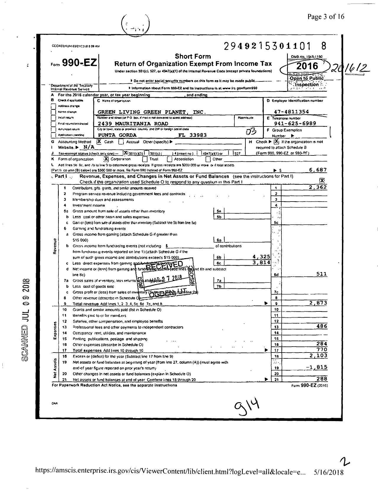 Image of first page of 2016 Form 990EZ for Green Living Green Planet