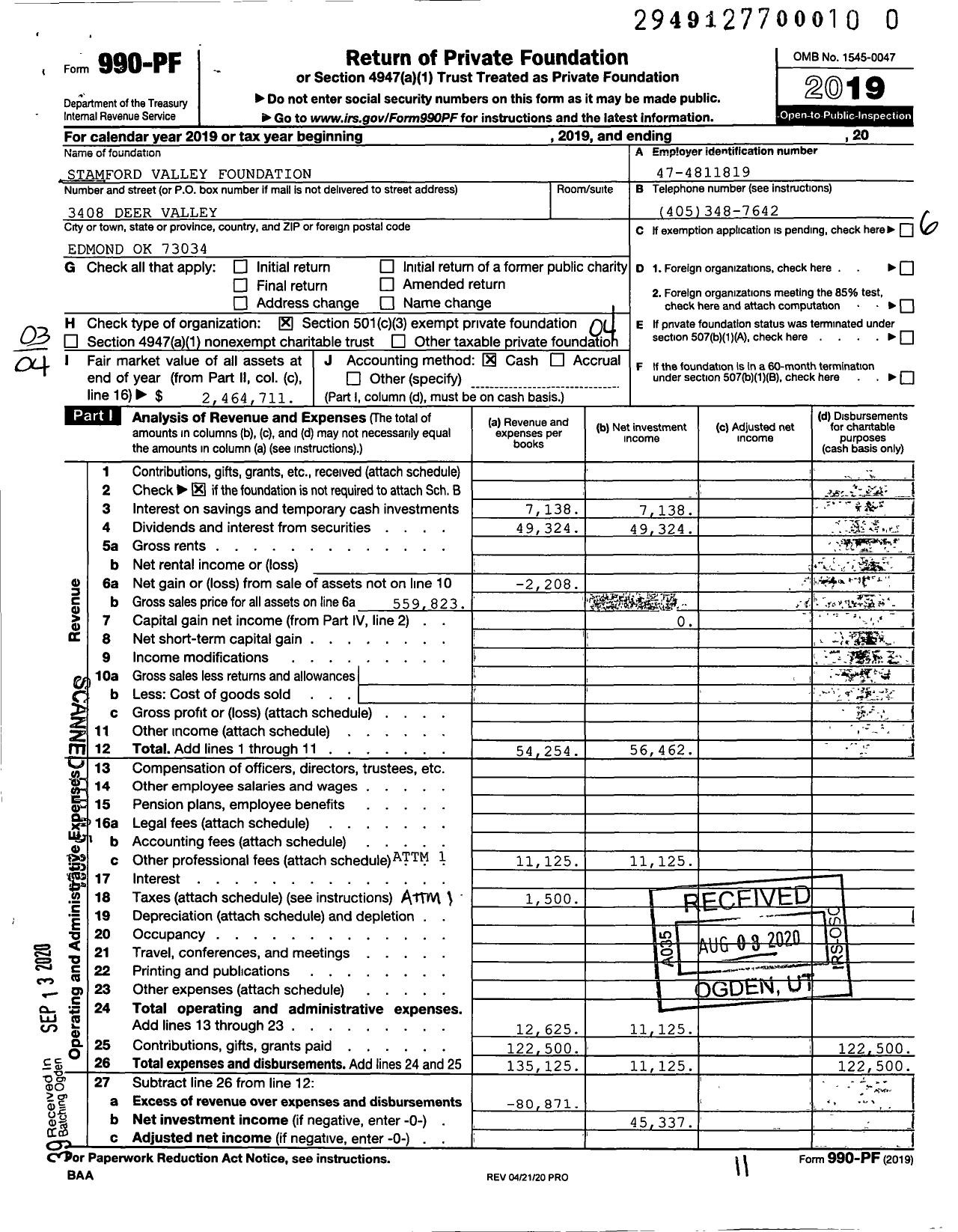 Image of first page of 2019 Form 990PF for Stamford Valley Foundation