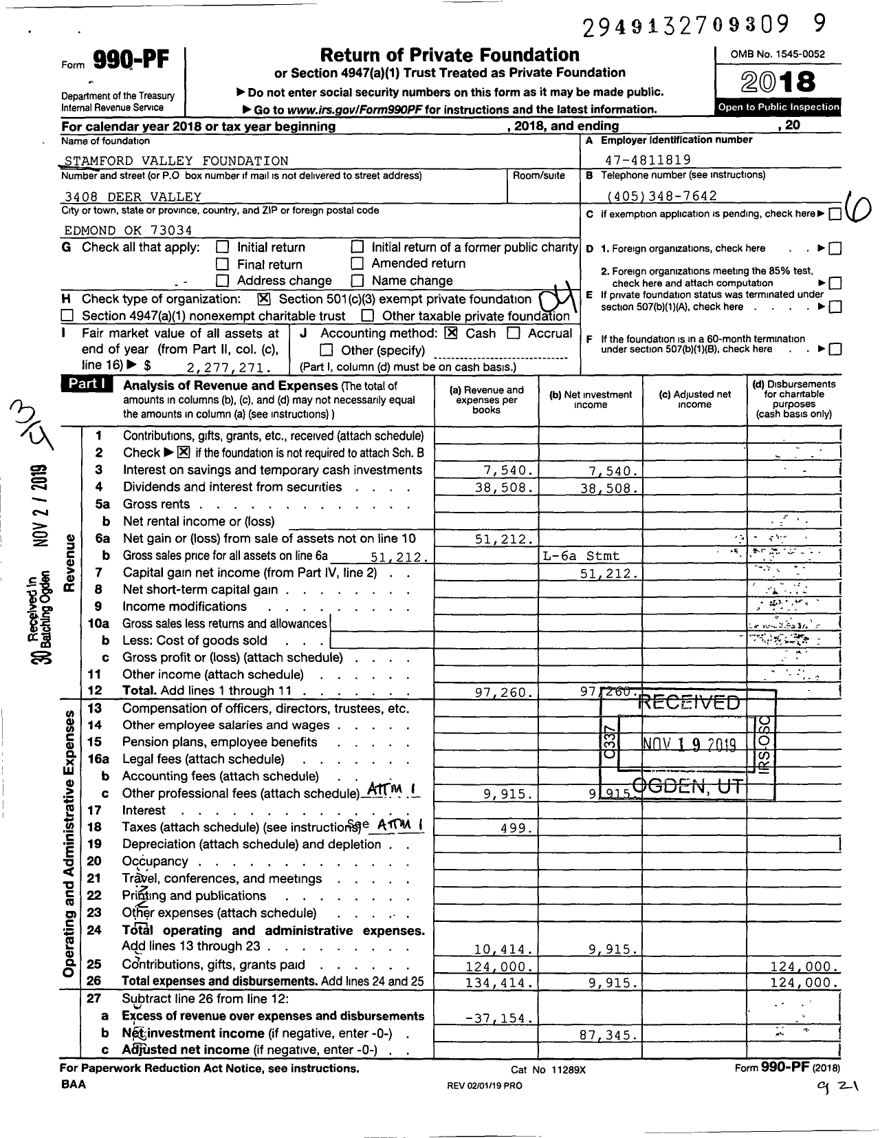 Image of first page of 2018 Form 990PF for Stamford Valley Foundation