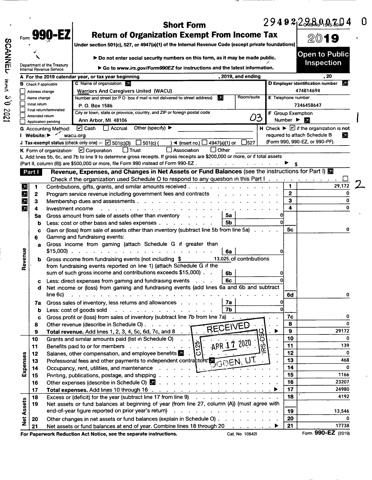 Image of first page of 2019 Form 990EZ for Warriors and Caregivers United