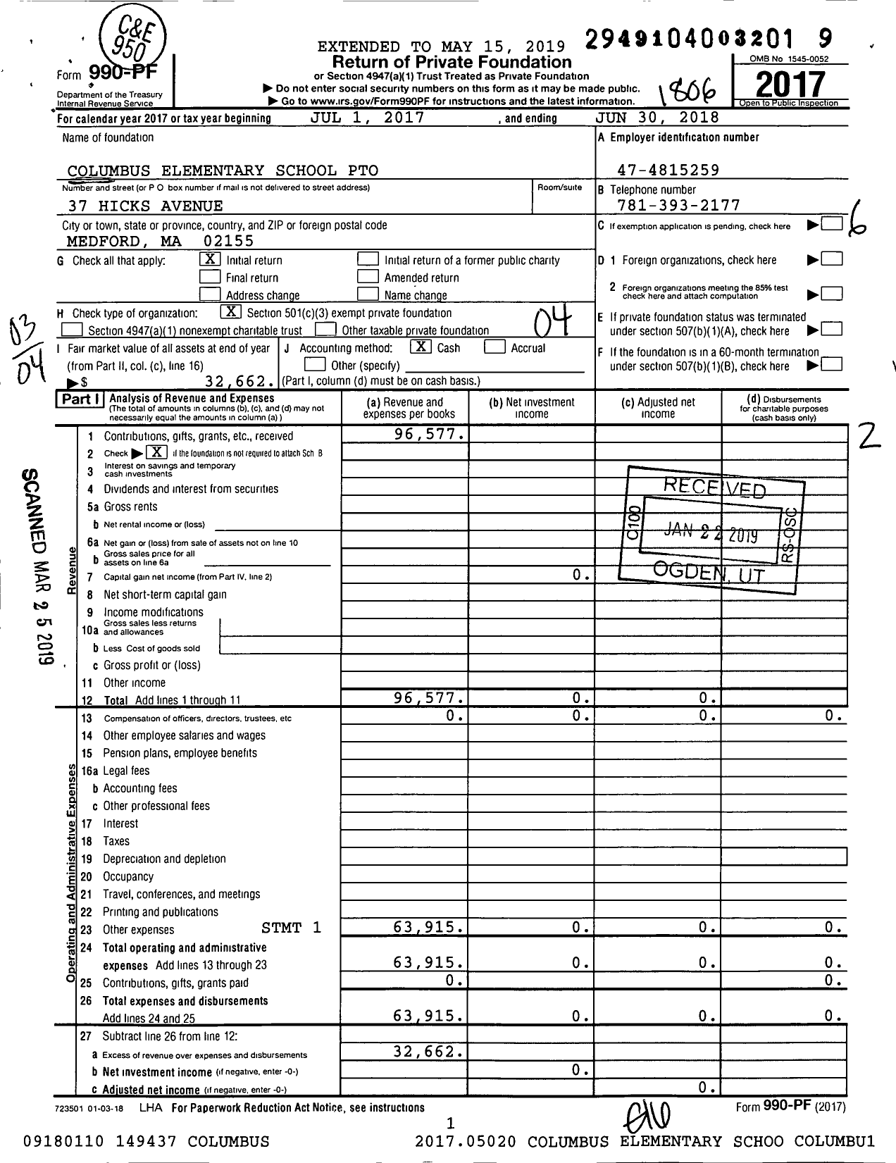 Image of first page of 2017 Form 990PF for Columbus Elementary School Pto