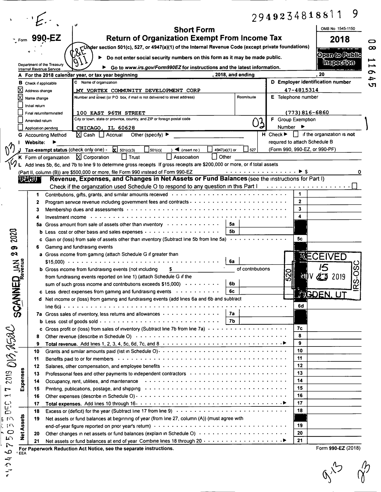 Image of first page of 2018 Form 990EZ for My Vortex Community Development Corporation