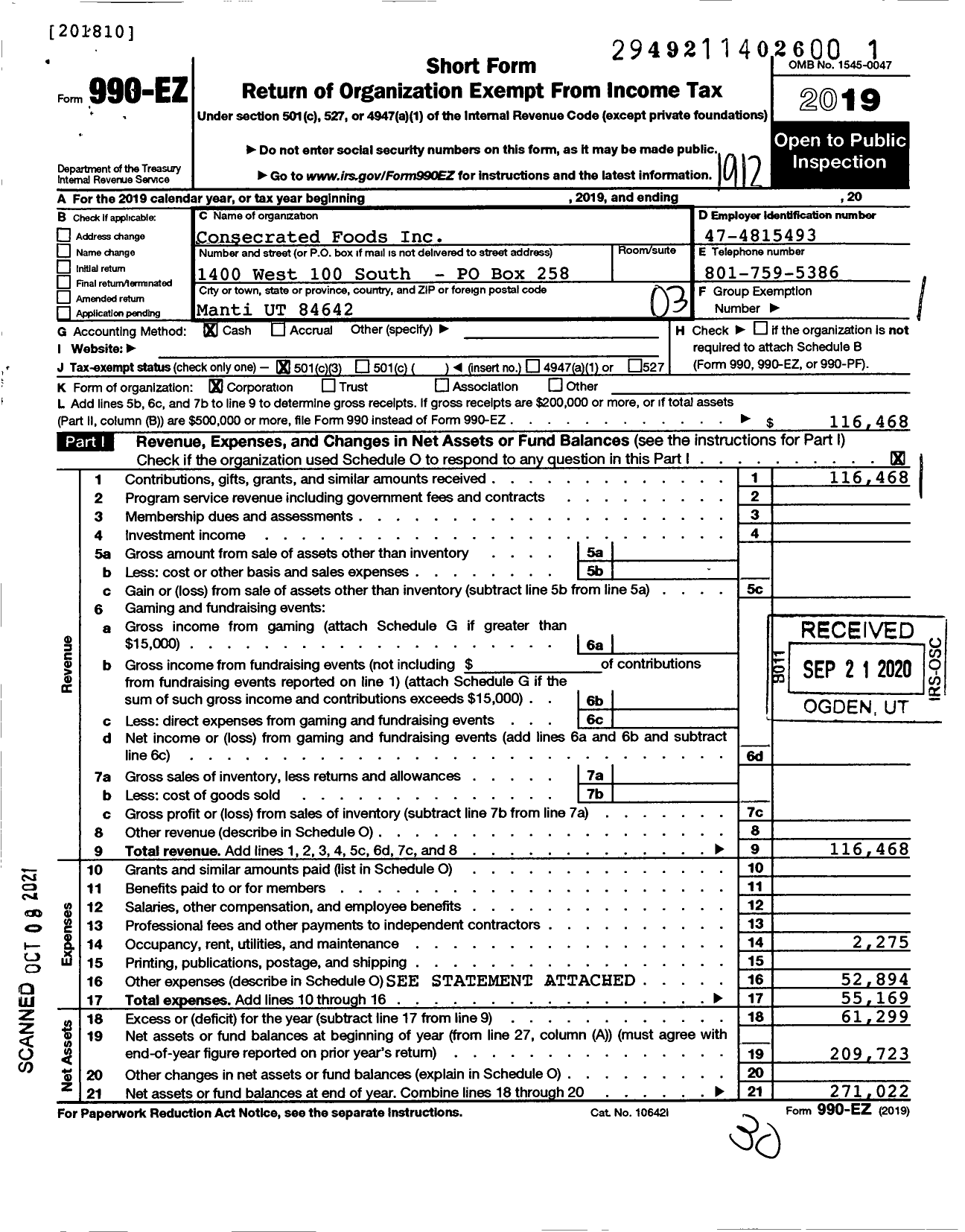 Image of first page of 2019 Form 990EZ for Consecrated Foods