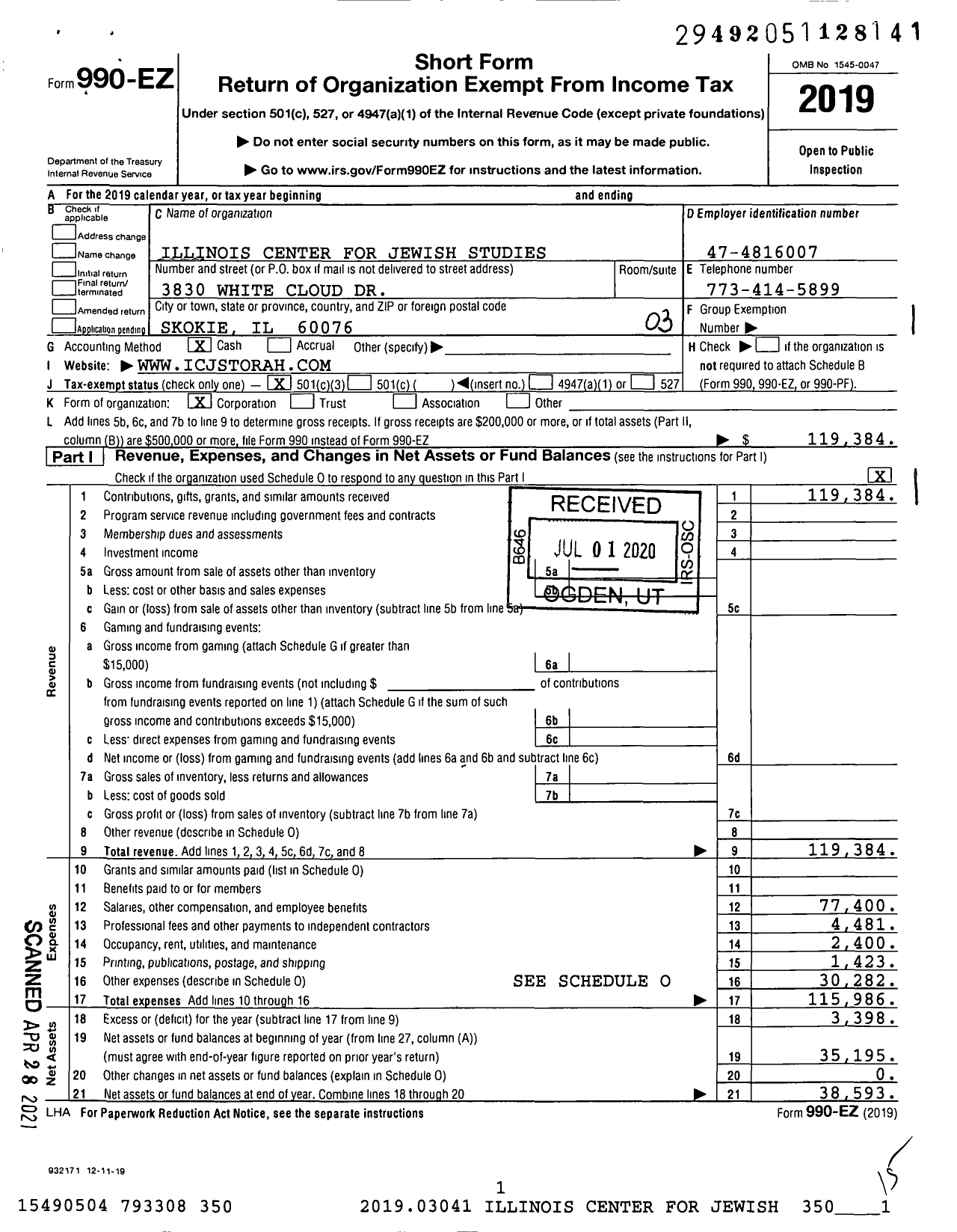 Image of first page of 2019 Form 990EZ for Illinois Center for Jewish Studies