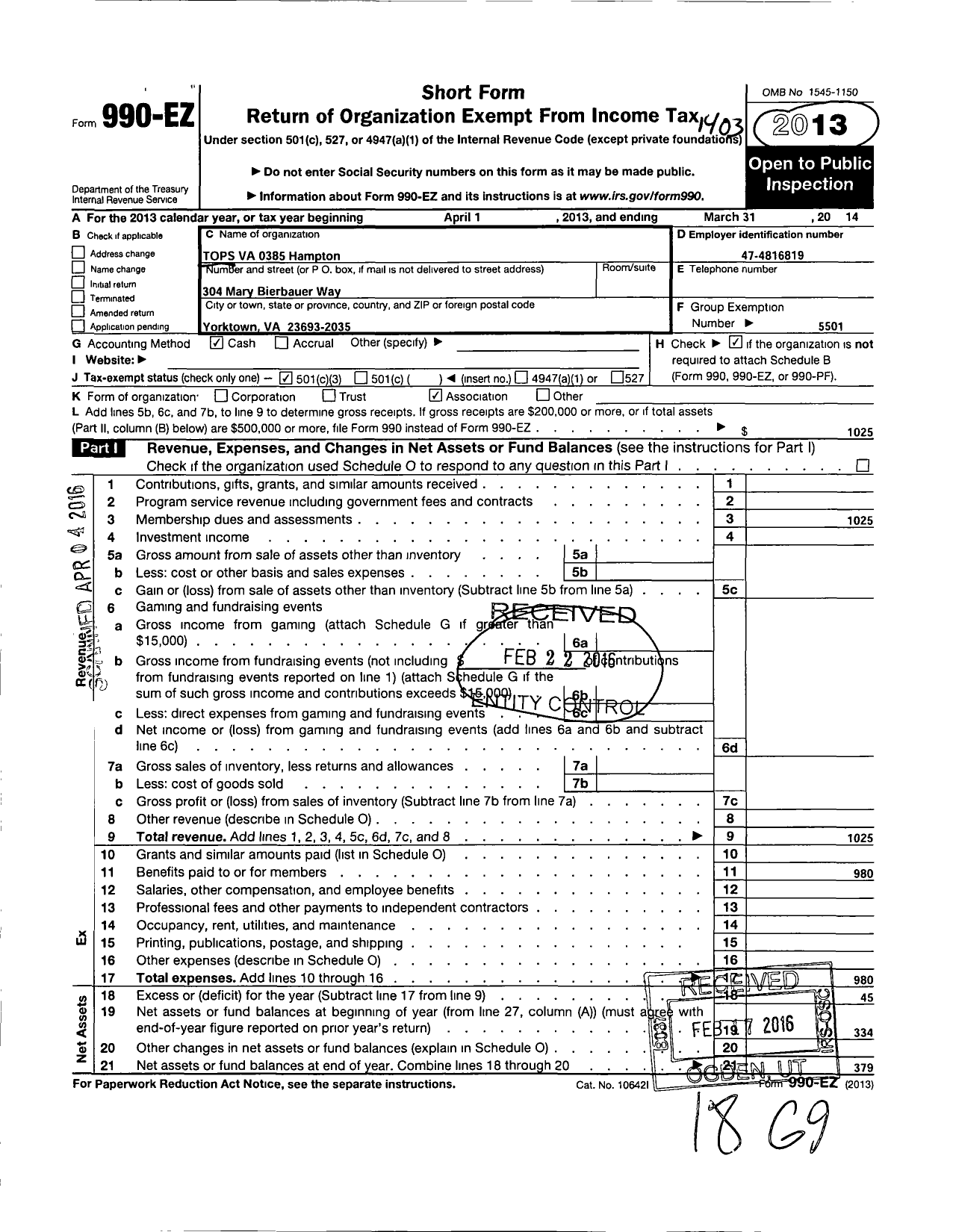 Image of first page of 2013 Form 990EZ for Tops Club - 0385 Tops Va Hampton