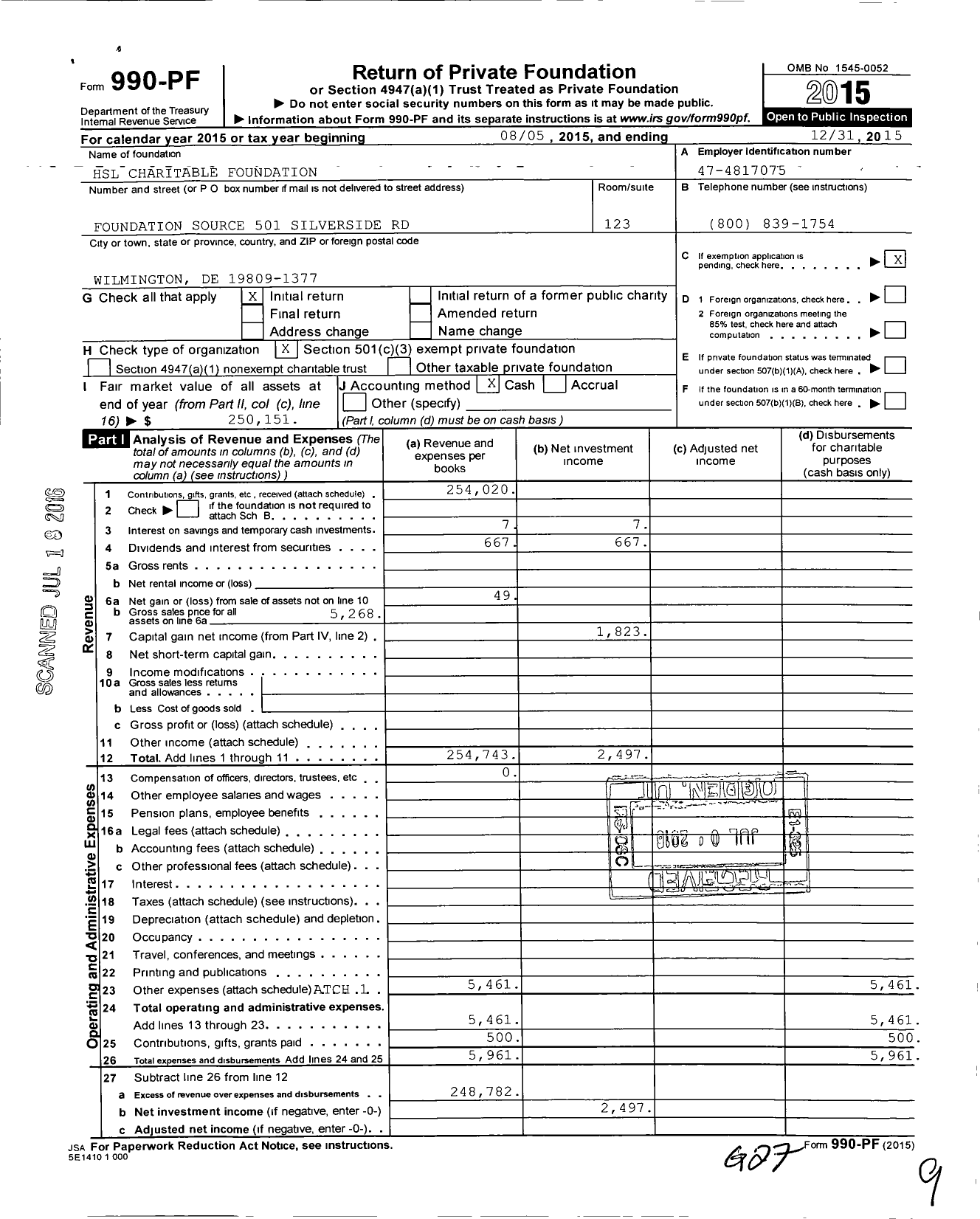 Image of first page of 2015 Form 990PF for HSL Charitable Foundation