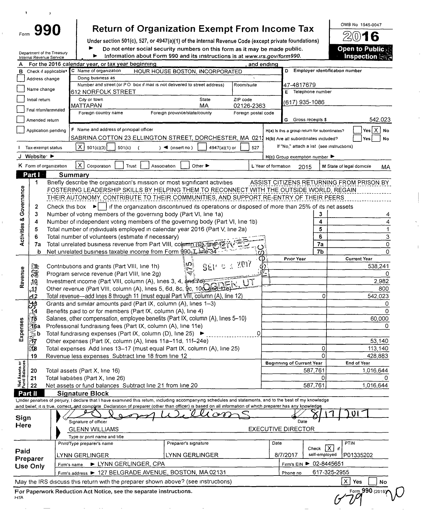 Image of first page of 2016 Form 990 for Hour House Boston Incorporated