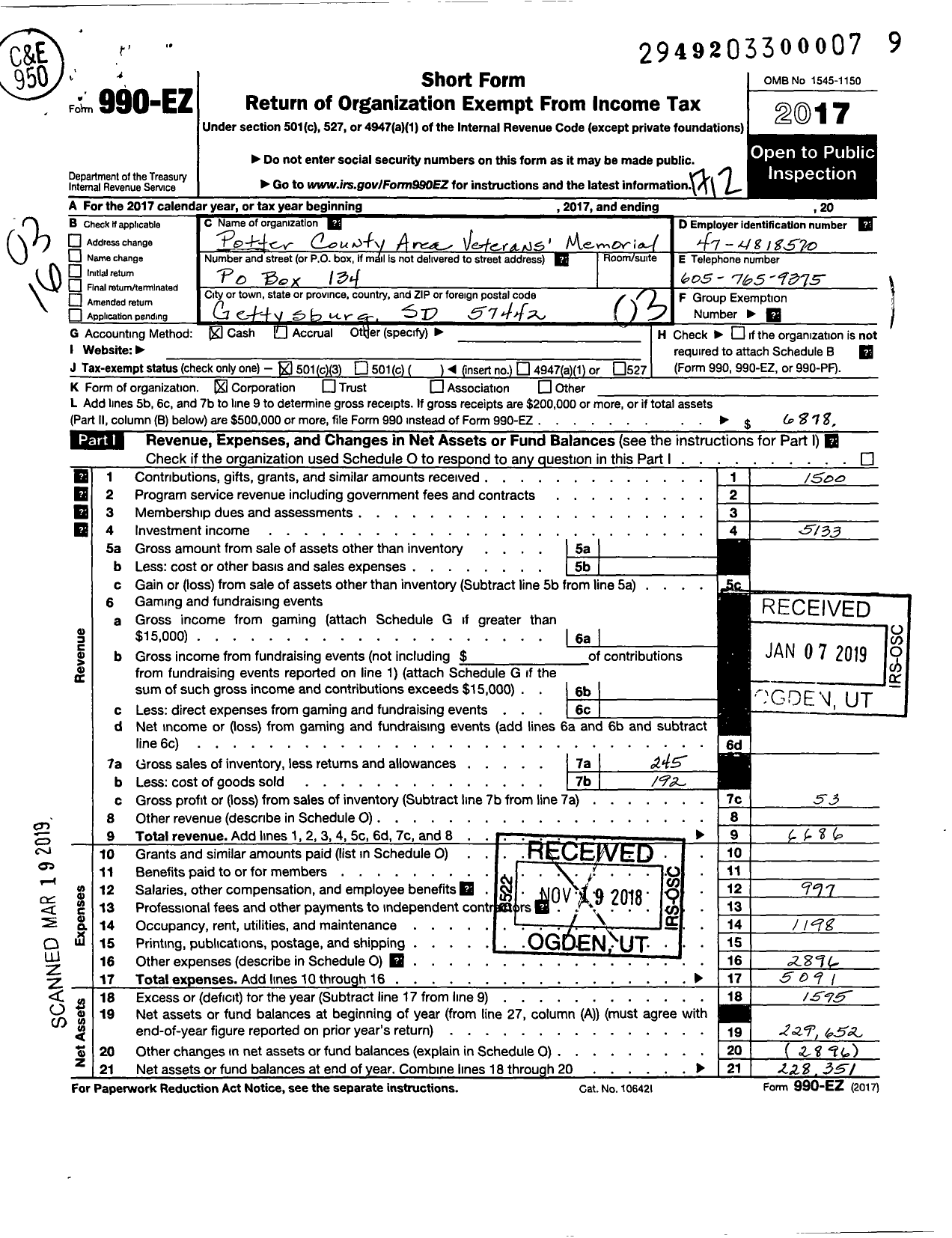 Image of first page of 2017 Form 990EZ for Potter County Area Veterans Memorial