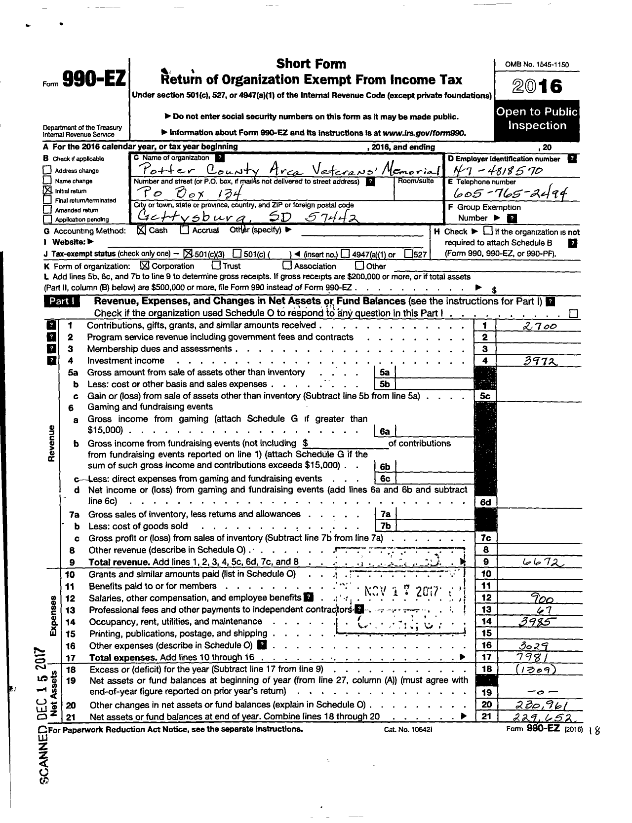 Image of first page of 2016 Form 990EZ for Potter County Area Veterans Memorial