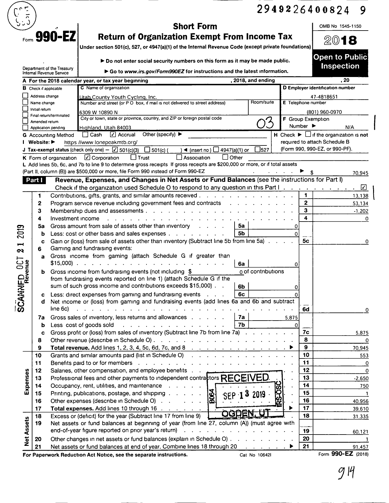 Image of first page of 2018 Form 990EZ for Utah County Youth Cycling