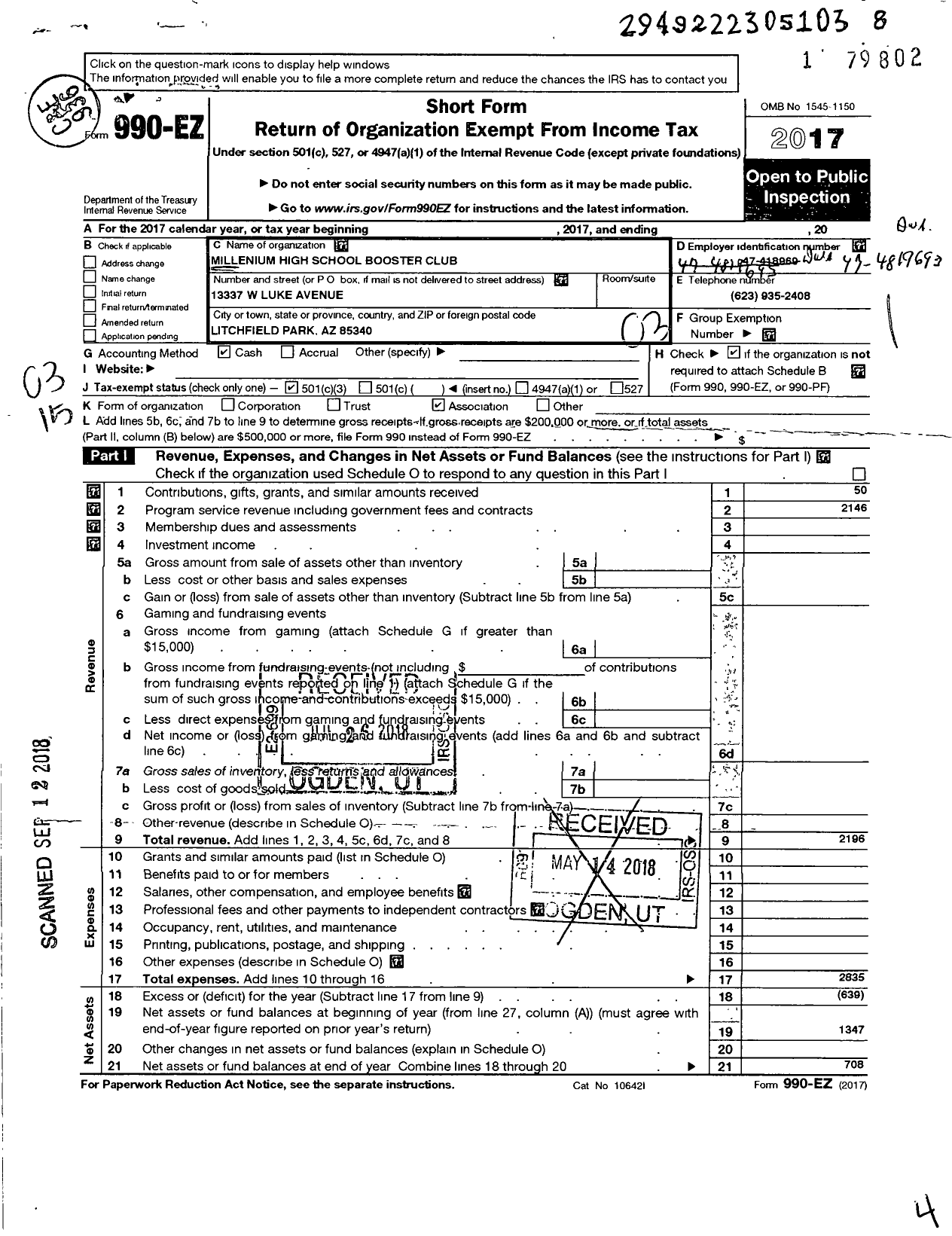 Image of first page of 2017 Form 990EZ for Millennium High School Choir Booster Club