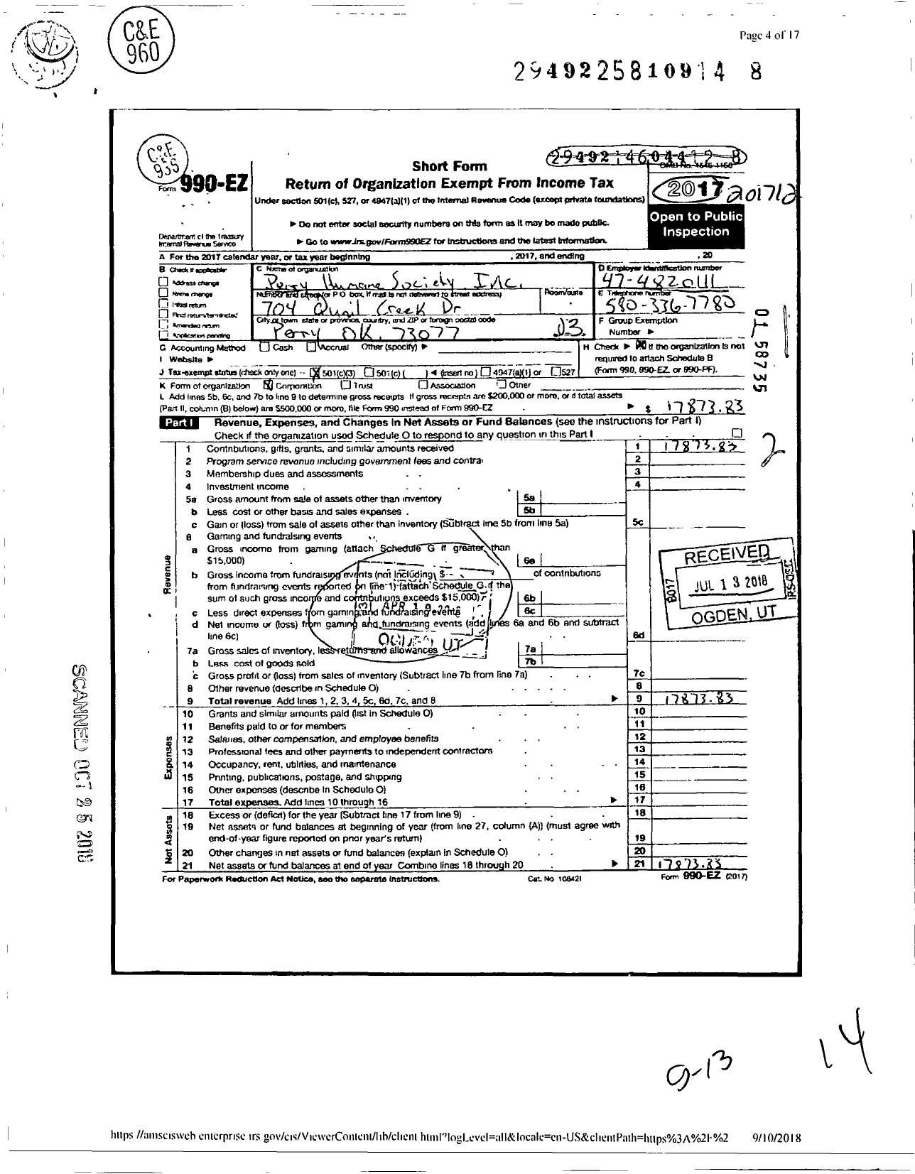 Image of first page of 2017 Form 990EZ for Perry Humane Society