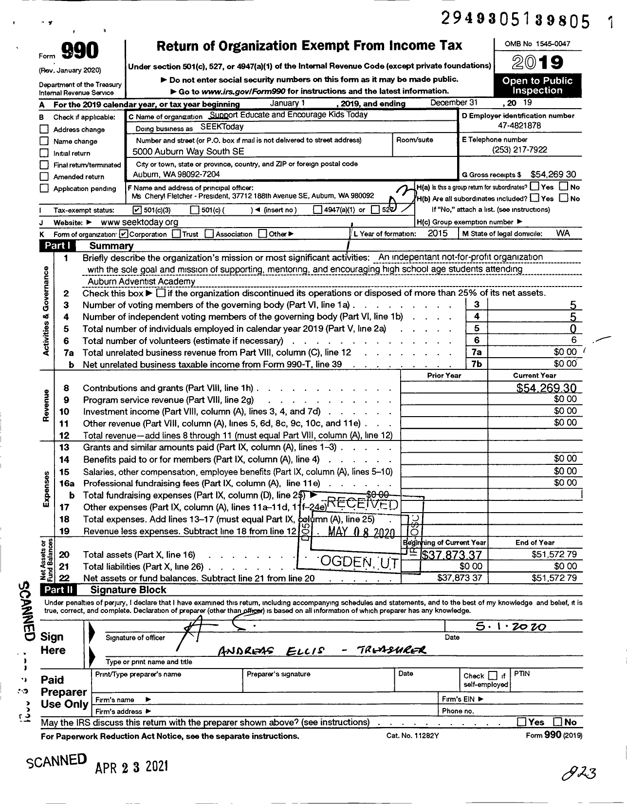 Image of first page of 2019 Form 990 for Support Educate and Encourage Kids Today Seektoday