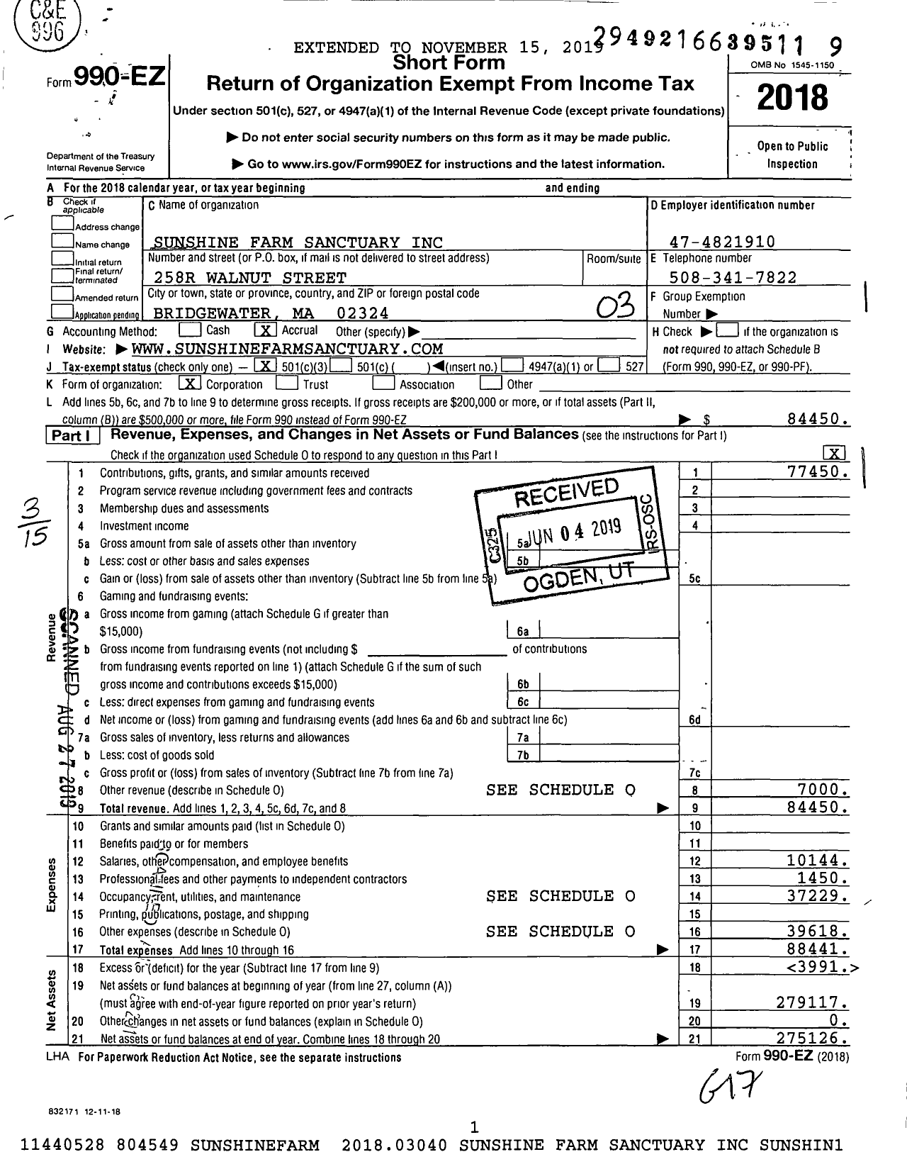 Image of first page of 2018 Form 990EZ for Sunshine Farm Sanctuary