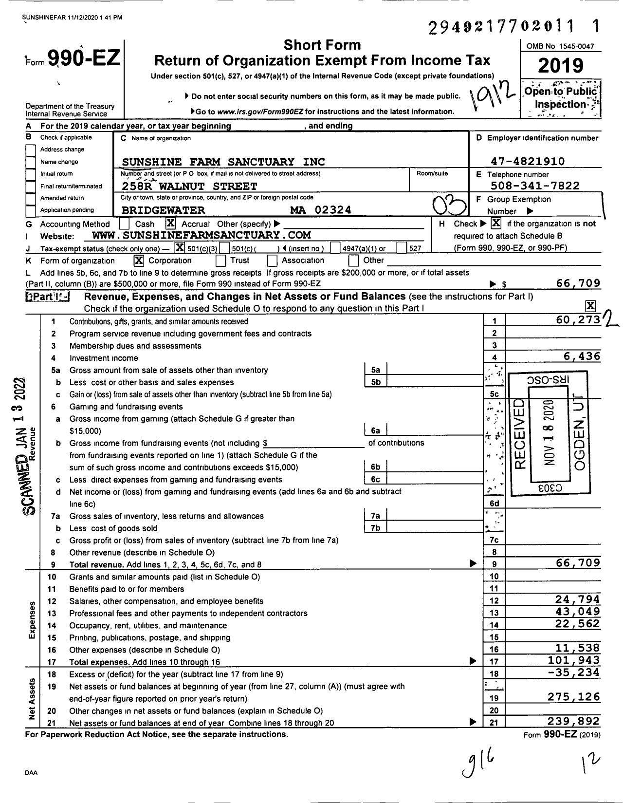 Image of first page of 2019 Form 990EZ for Sunshine Farm Sanctuary