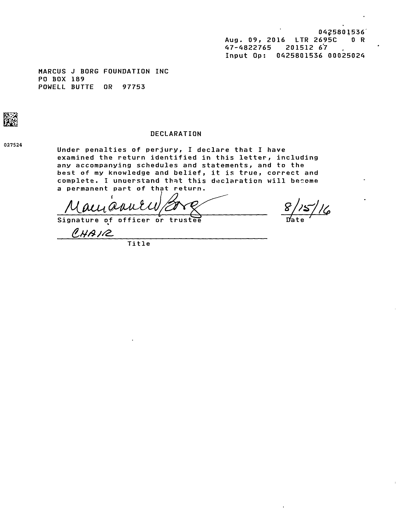 Image of first page of 2015 Form 990ER for Marcus J Borg Foundation