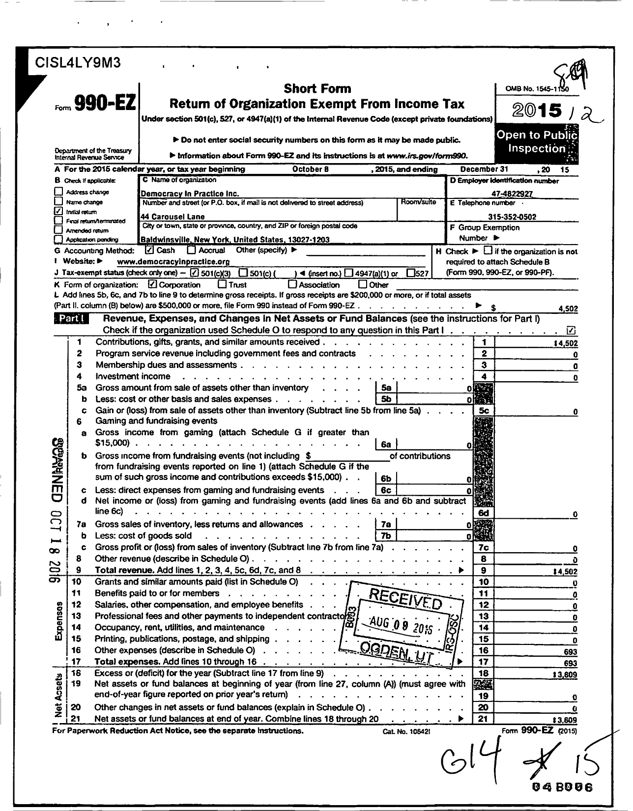 Image of first page of 2015 Form 990EZ for Democracy in Practice