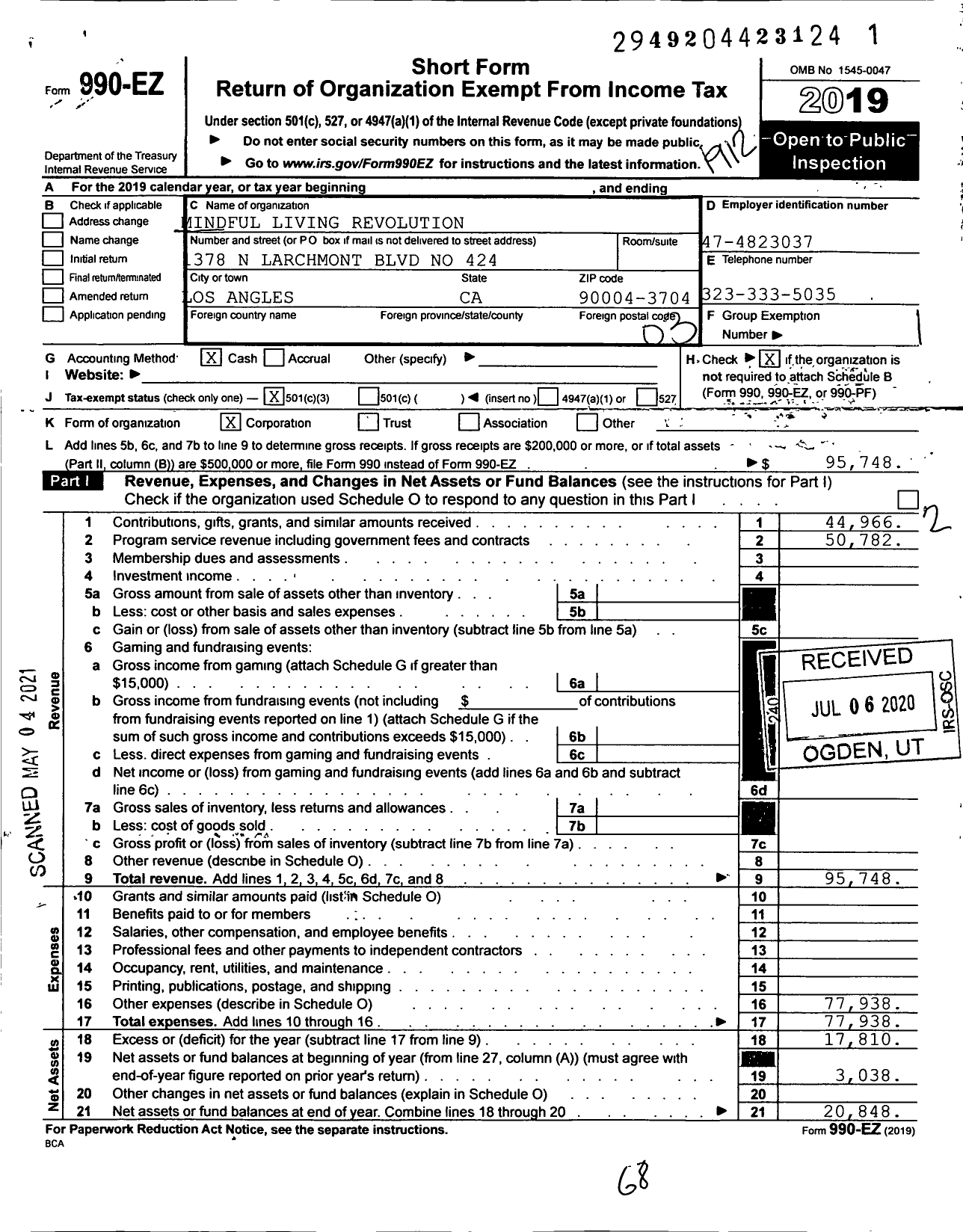 Image of first page of 2019 Form 990EZ for Mindful Living Revolution