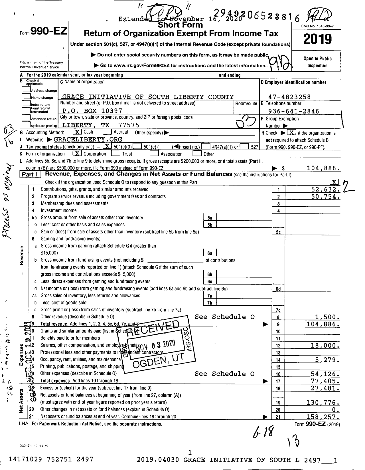 Image of first page of 2019 Form 990EZ for Grace Initiative of South Liberty County