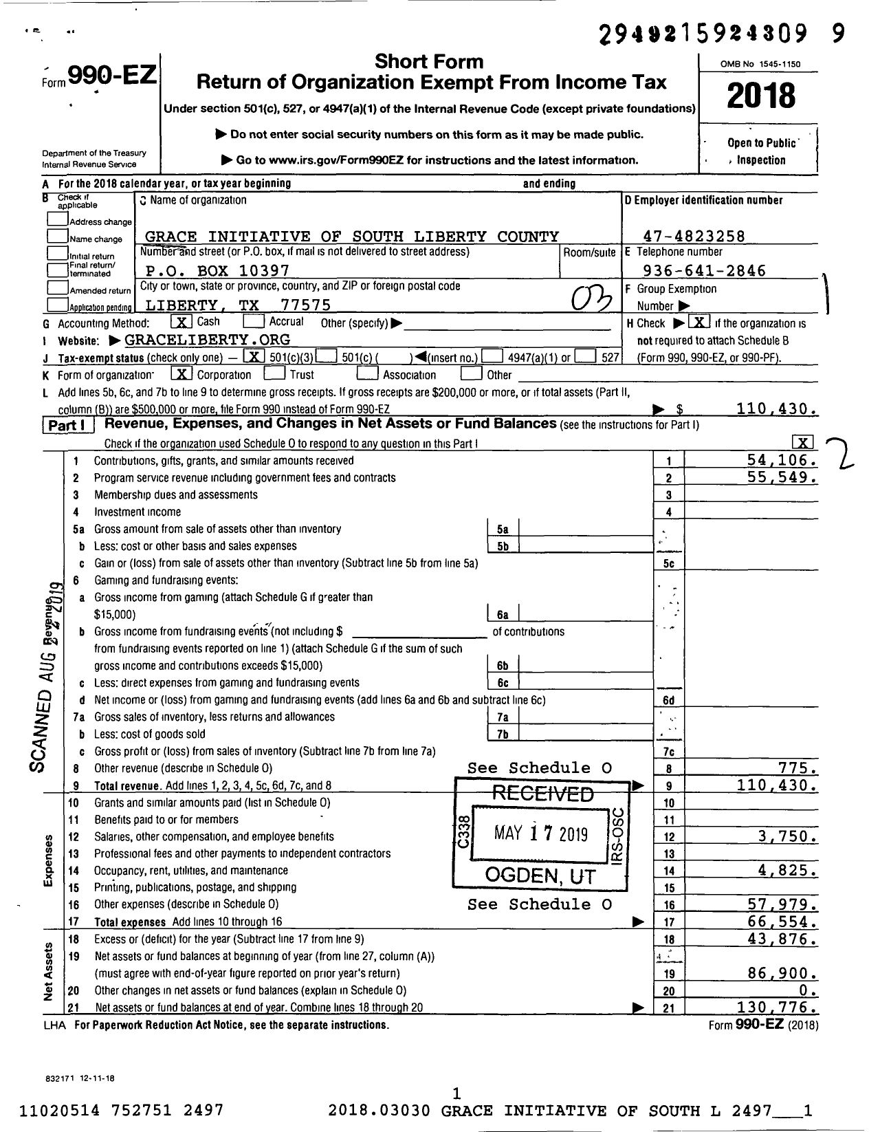 Image of first page of 2018 Form 990EZ for Grace Initiative of South Liberty County