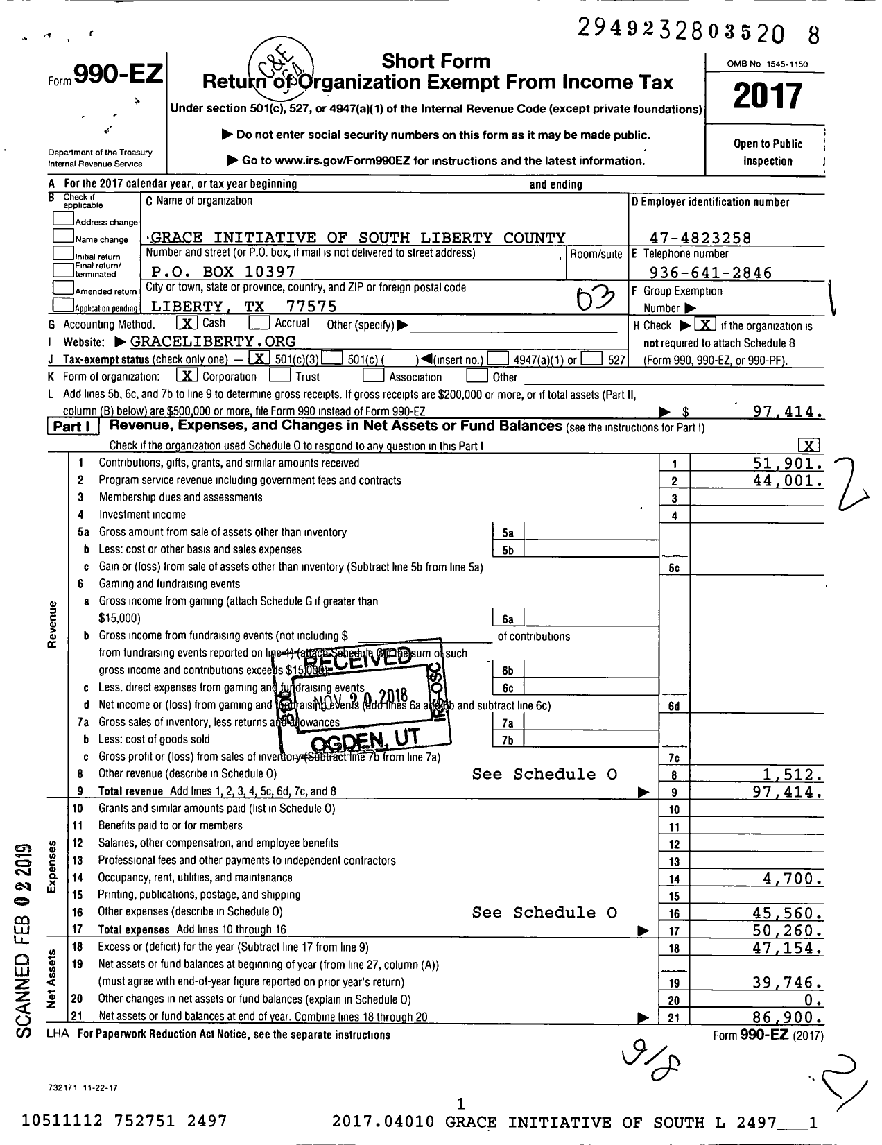 Image of first page of 2017 Form 990EZ for Grace Initiative of South Liberty County