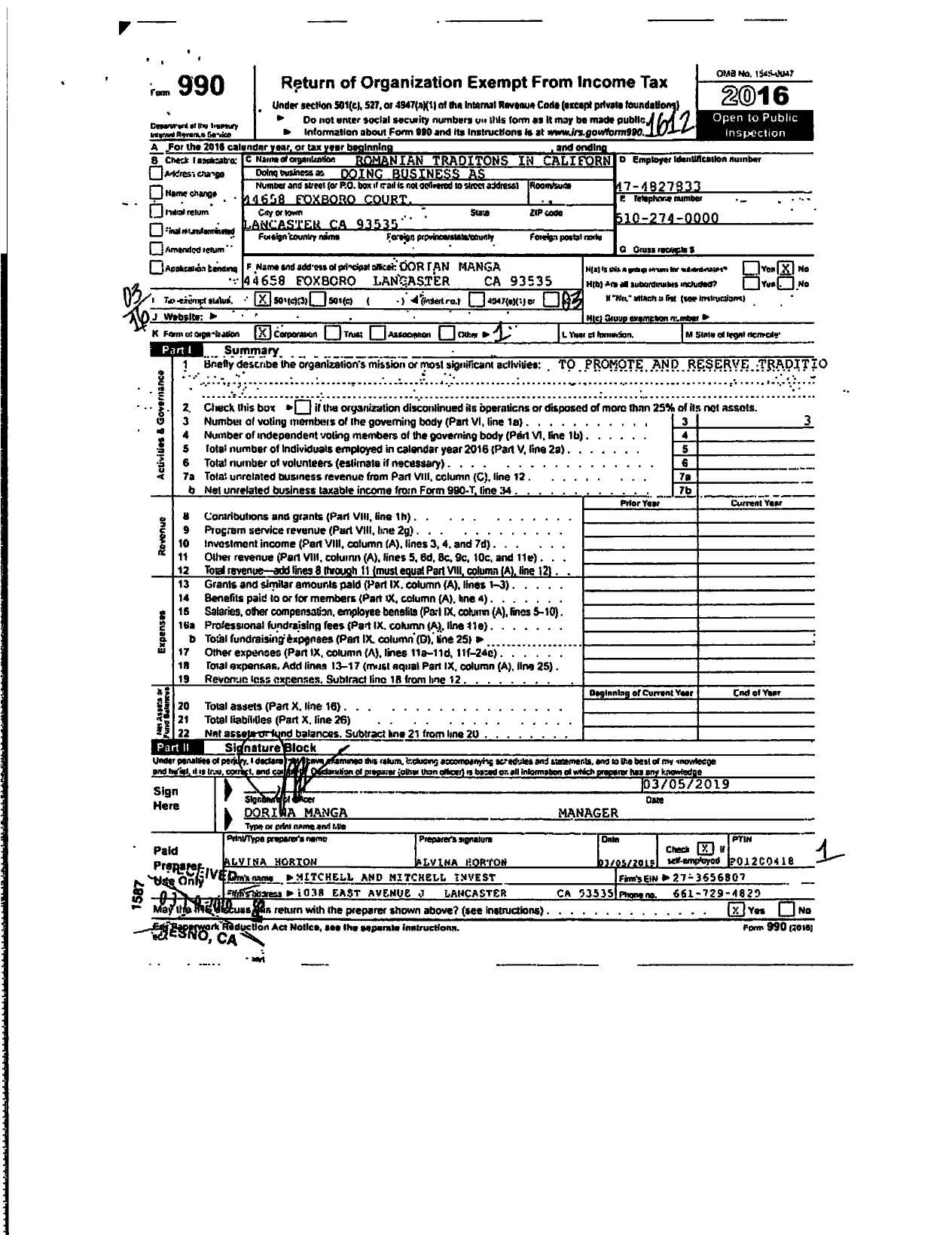 Image of first page of 2016 Form 990R for Romanian Traditions in California