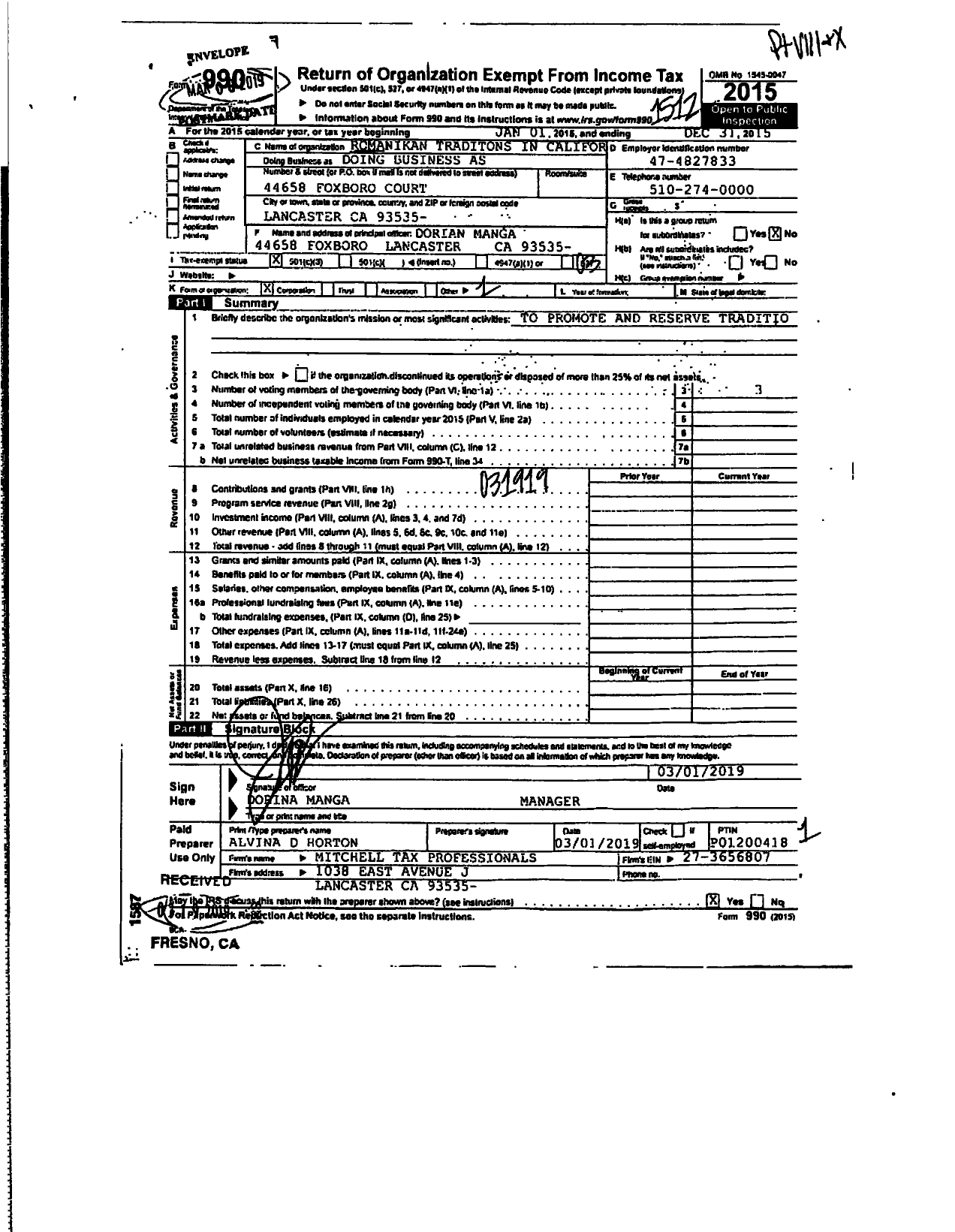 Image of first page of 2015 Form 990R for Romanian Traditions in California