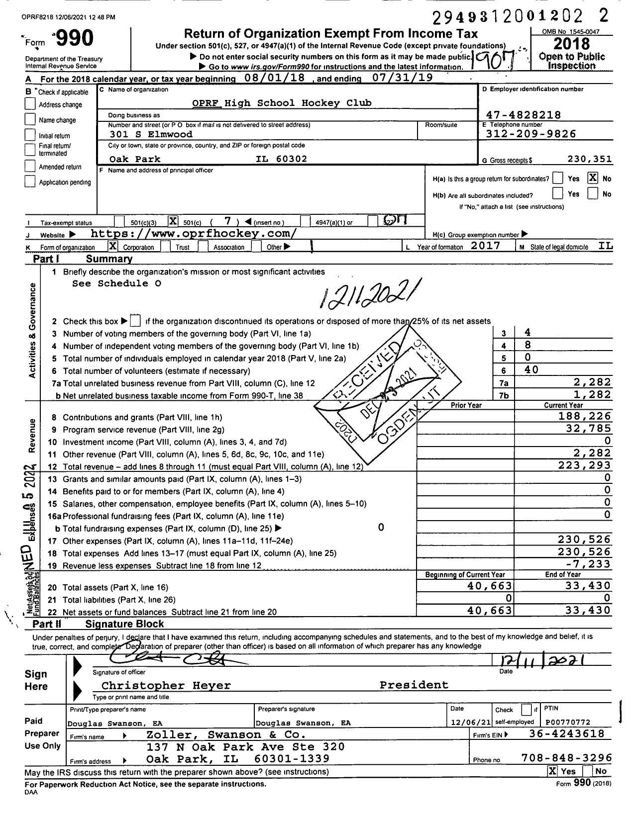 Image of first page of 2018 Form 990O for Oprf High School Hockey Club