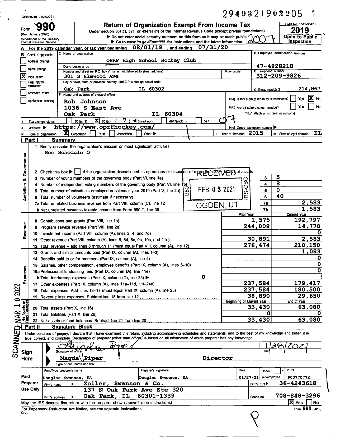 Image of first page of 2019 Form 990O for Oprf High School Hockey Club