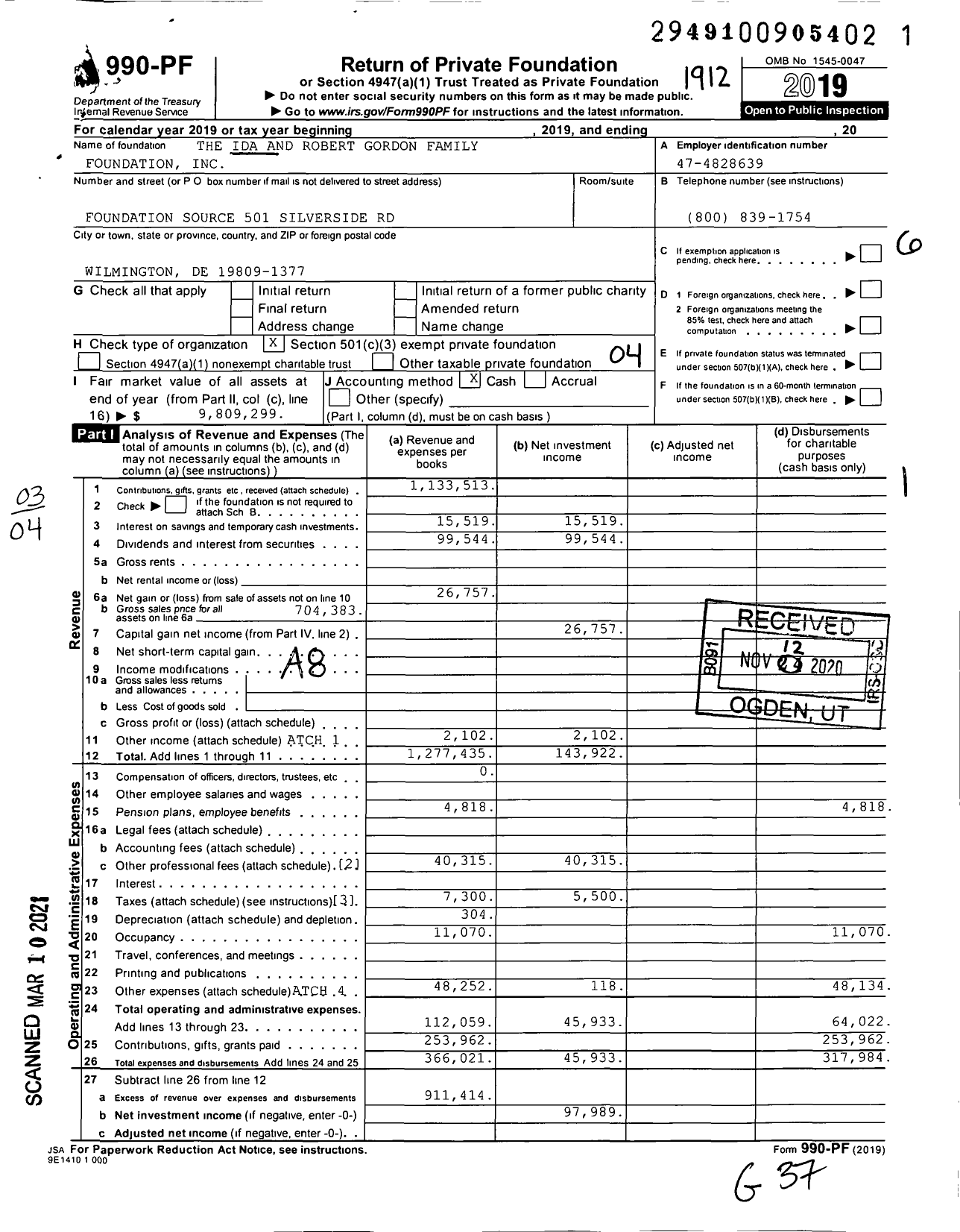 Image of first page of 2019 Form 990PF for The Ida and Robert Gordon Family Foundation