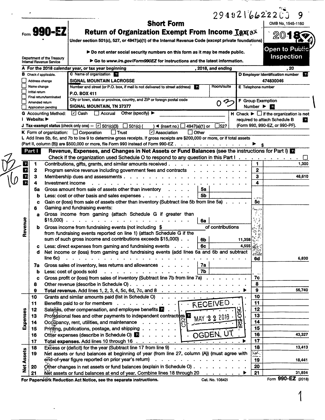 Image of first page of 2018 Form 990EZ for Signal Mountain Lacrosse