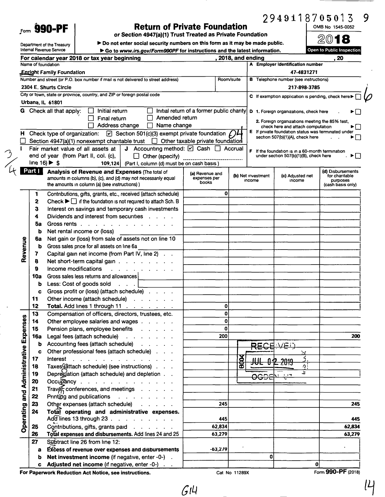 Image of first page of 2018 Form 990PF for Enright Family Foundation