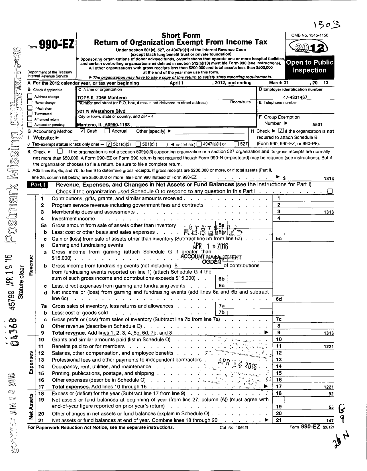 Image of first page of 2012 Form 990EZ for Tops Club - 2366 Tops Il Manteno