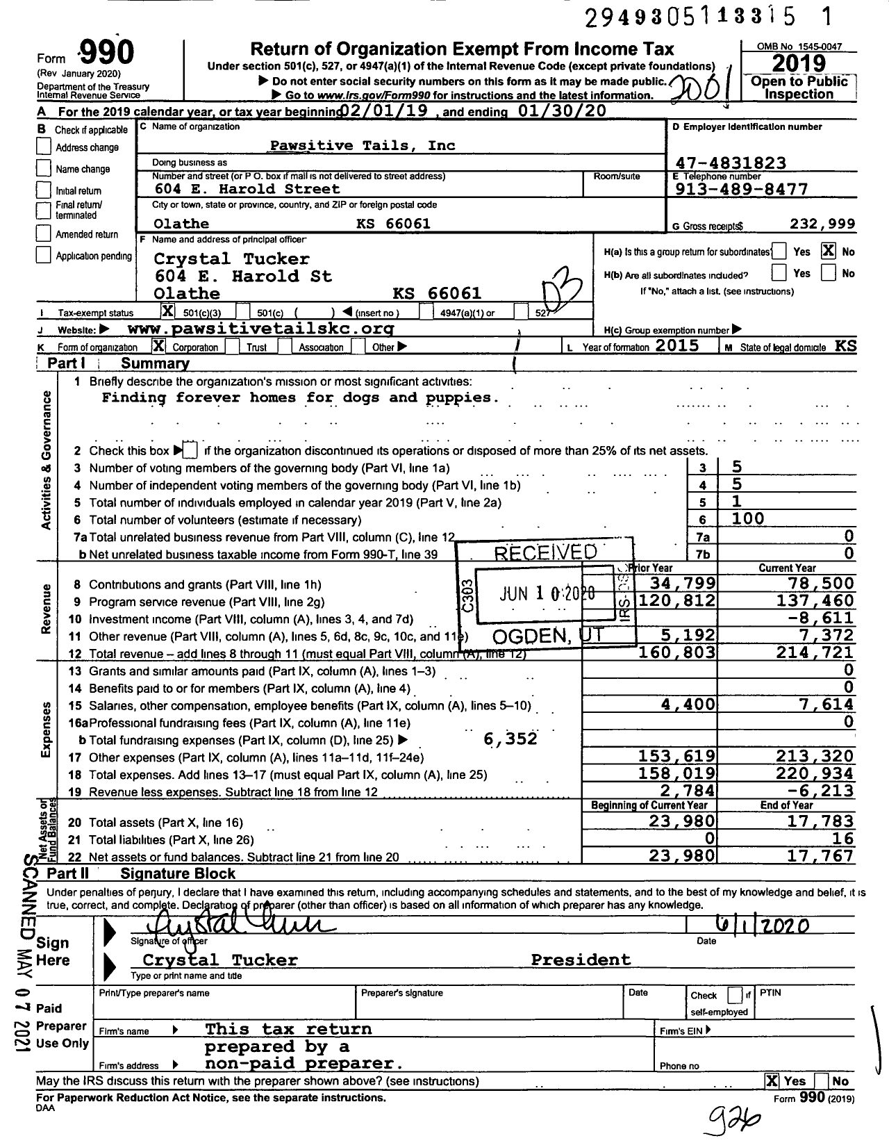 Image of first page of 2019 Form 990 for Pawsitive Tails