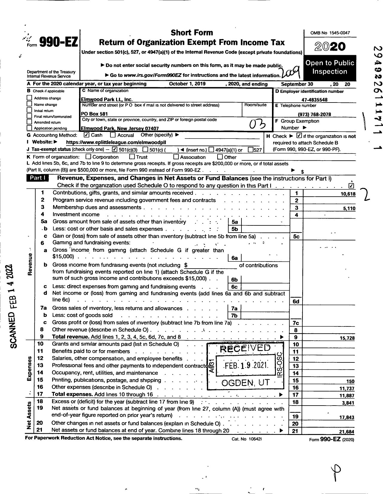 Image of first page of 2019 Form 990EZ for Elmwood Park LL