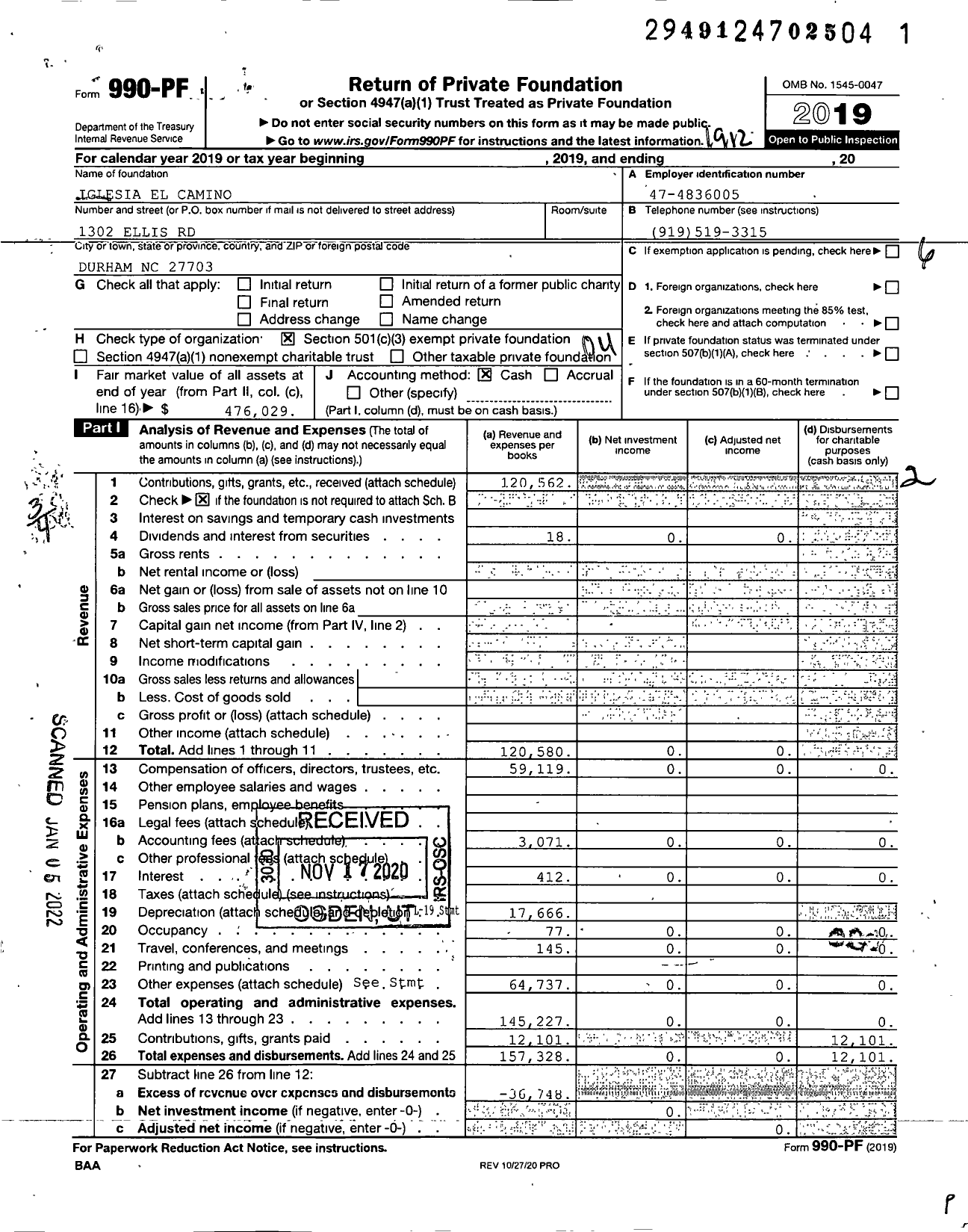 Image of first page of 2019 Form 990PF for Iglesia El Camino