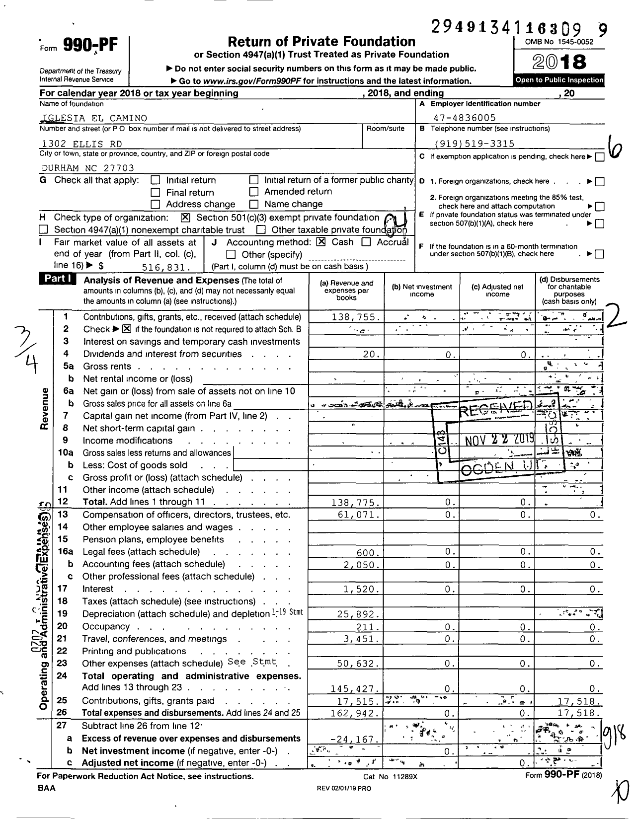 Image of first page of 2018 Form 990PF for Iglesia El Camino