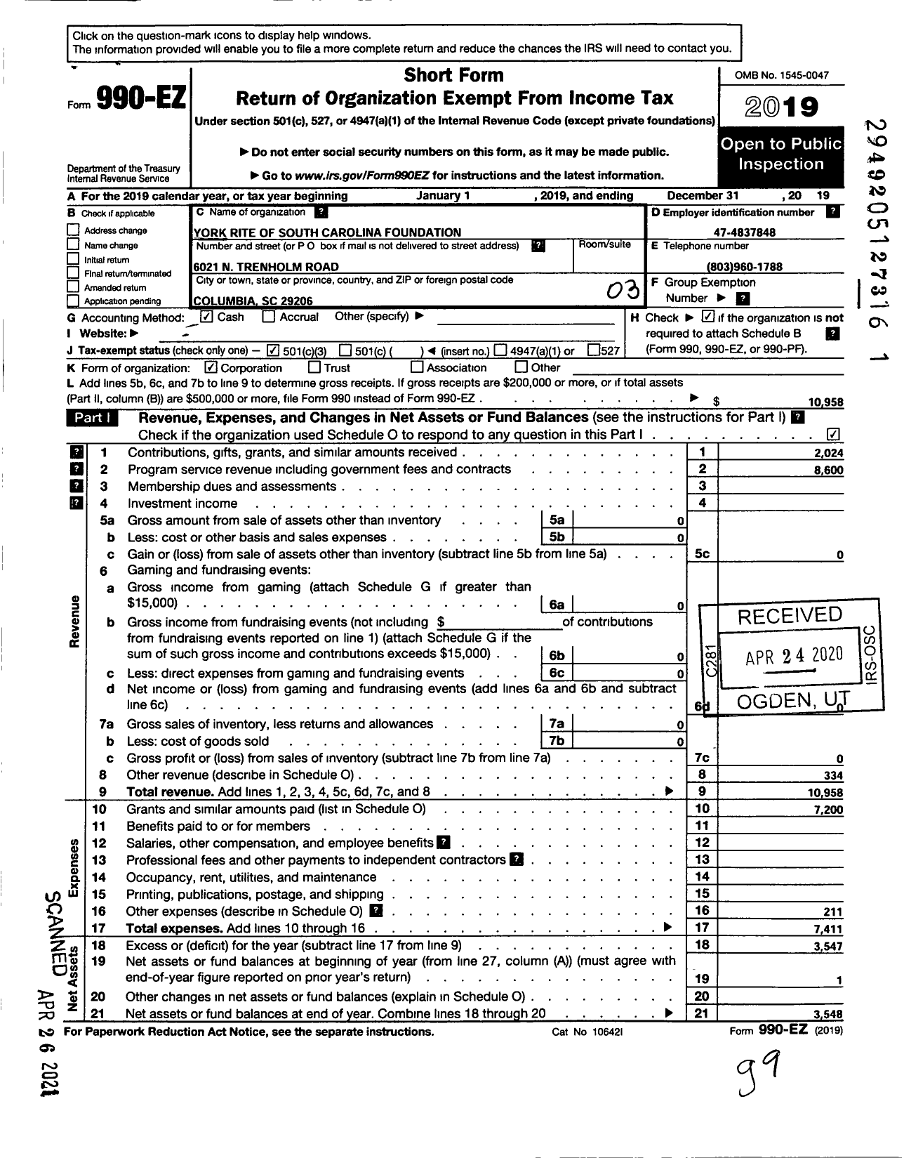 Image of first page of 2019 Form 990EZ for York Rite of South Carolina Foundation