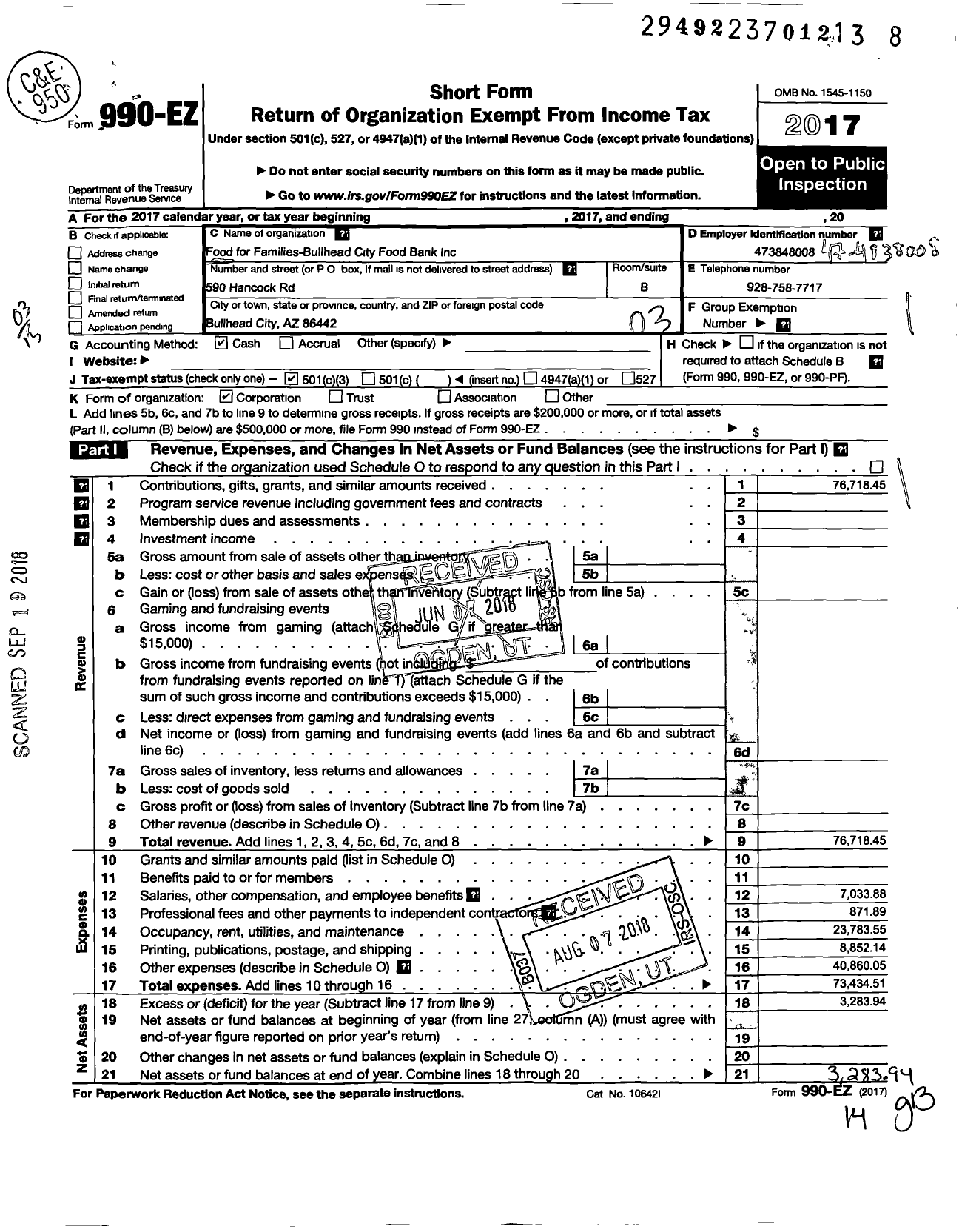 Image of first page of 2017 Form 990EZ for Food for Families Bullhead City Food Bank