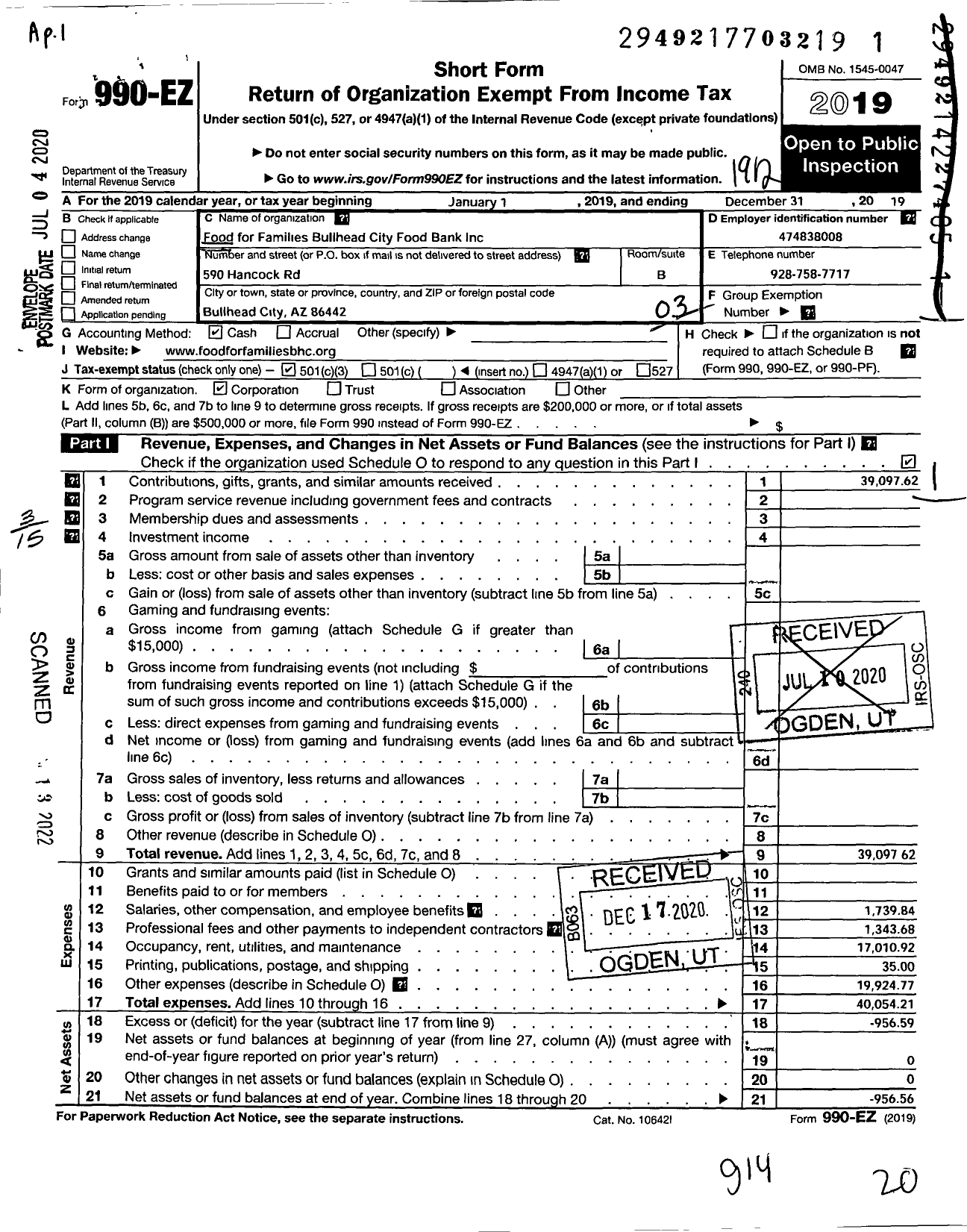 Image of first page of 2019 Form 990EZ for Food for Families Bullhead City Food Bank