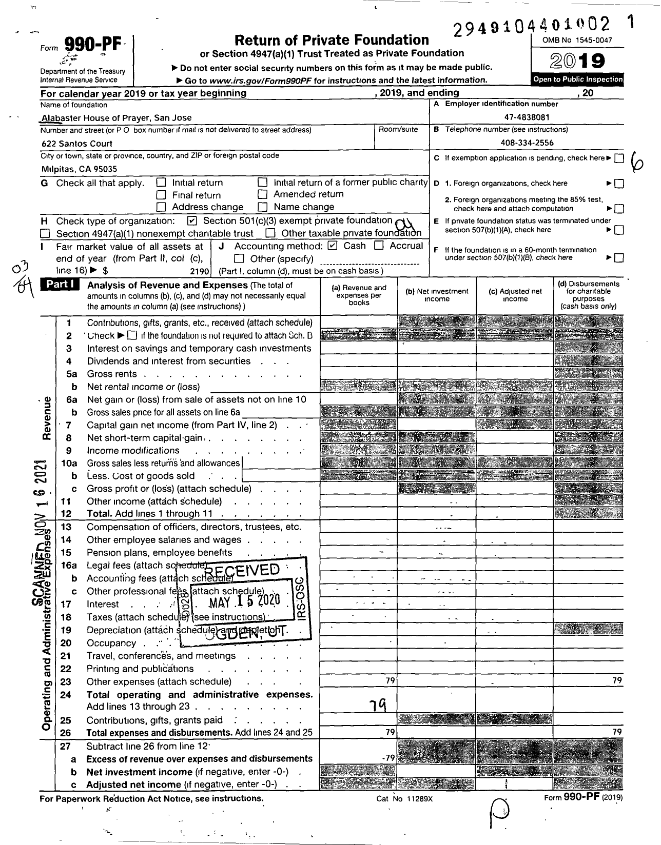 Image of first page of 2019 Form 990PF for Alabaster House of Prayer San Jose