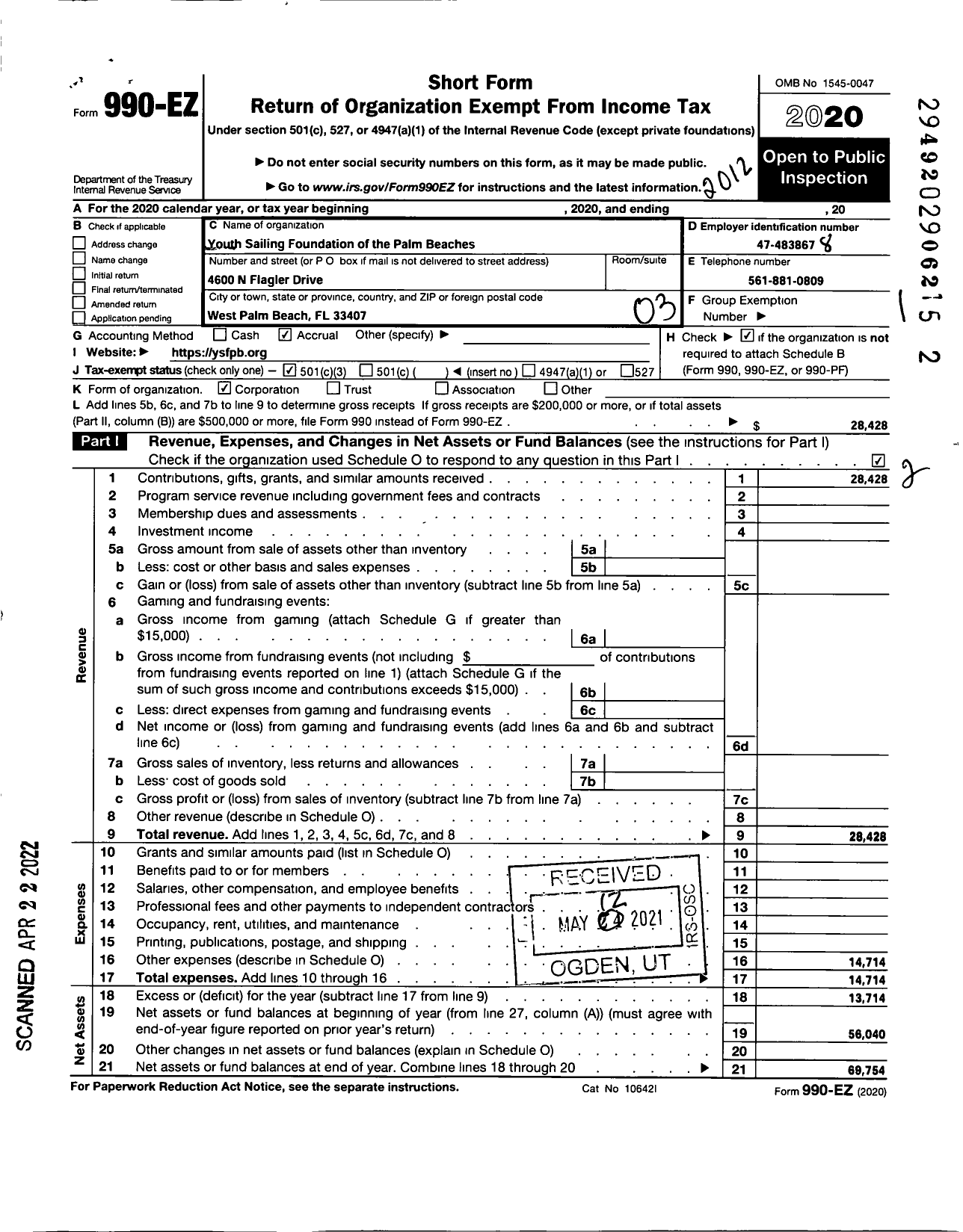 Image of first page of 2020 Form 990EZ for Youth Sailing Foundation of the Palm