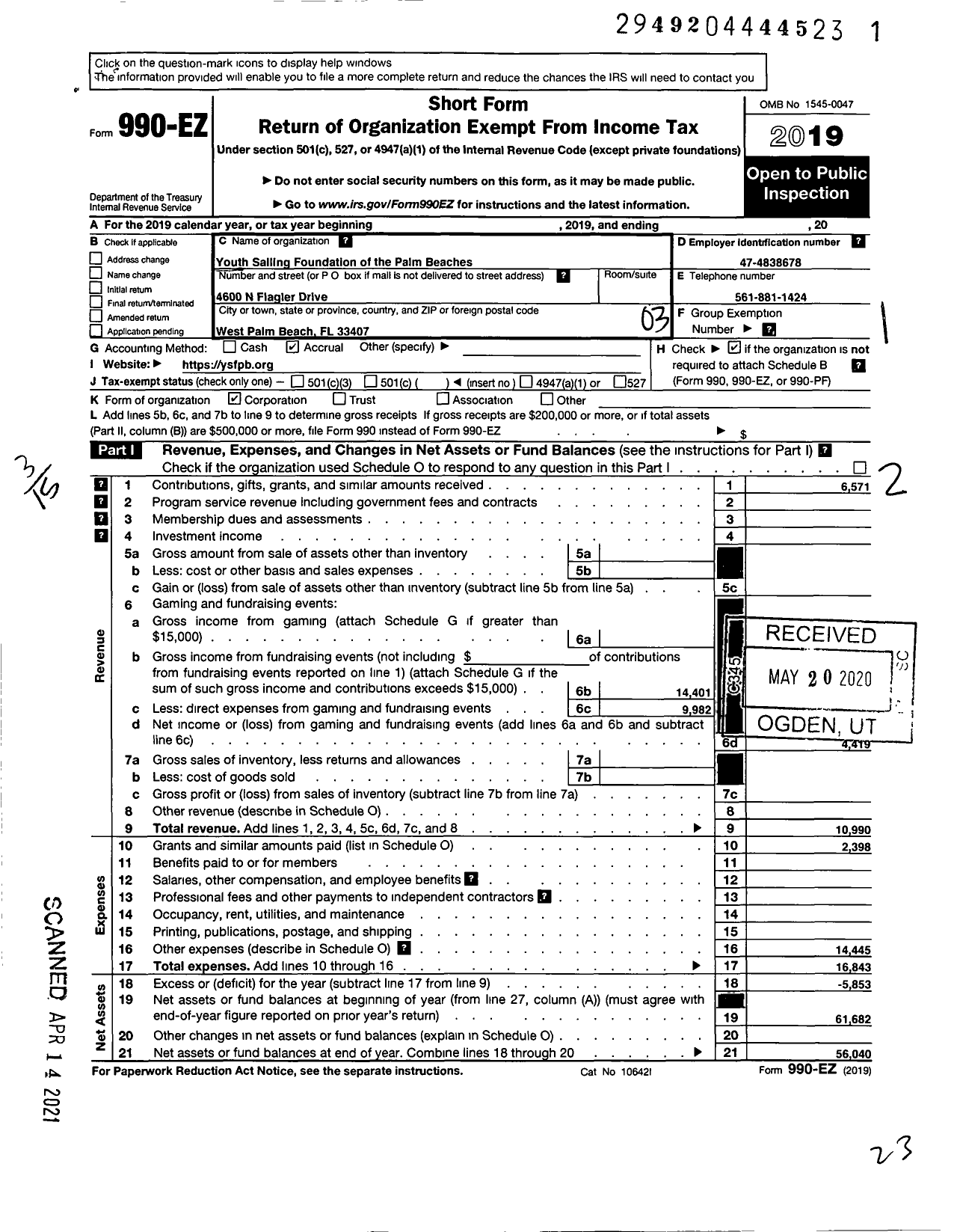 Image of first page of 2019 Form 990EZ for Youth Sailing Foundation of the Palm