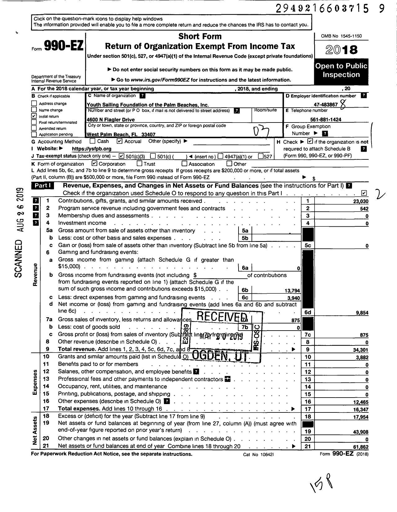 Image of first page of 2018 Form 990EZ for Youth Sailing Foundation of the Palm