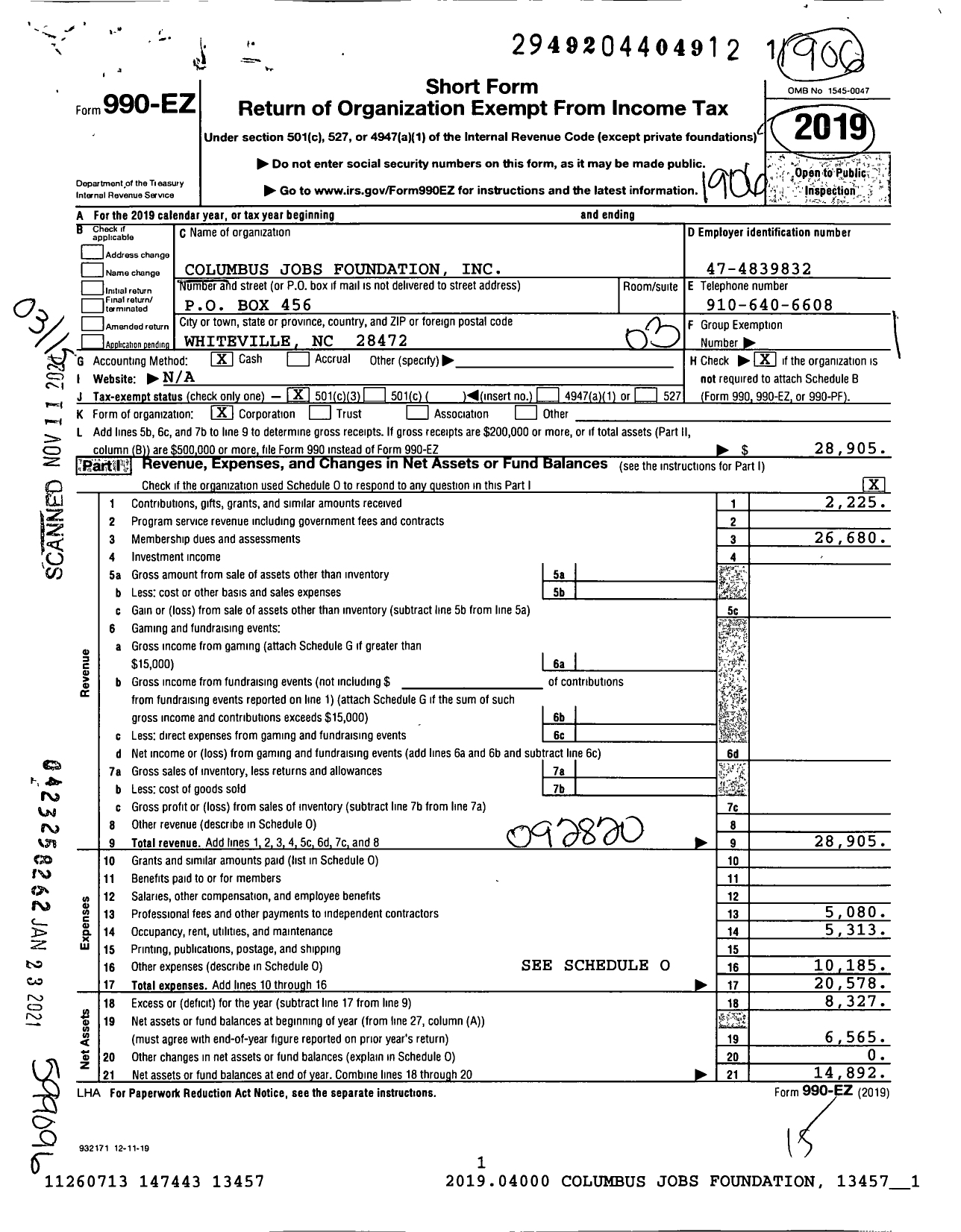 Image of first page of 2018 Form 990EZ for Columbus Jobs Foundation