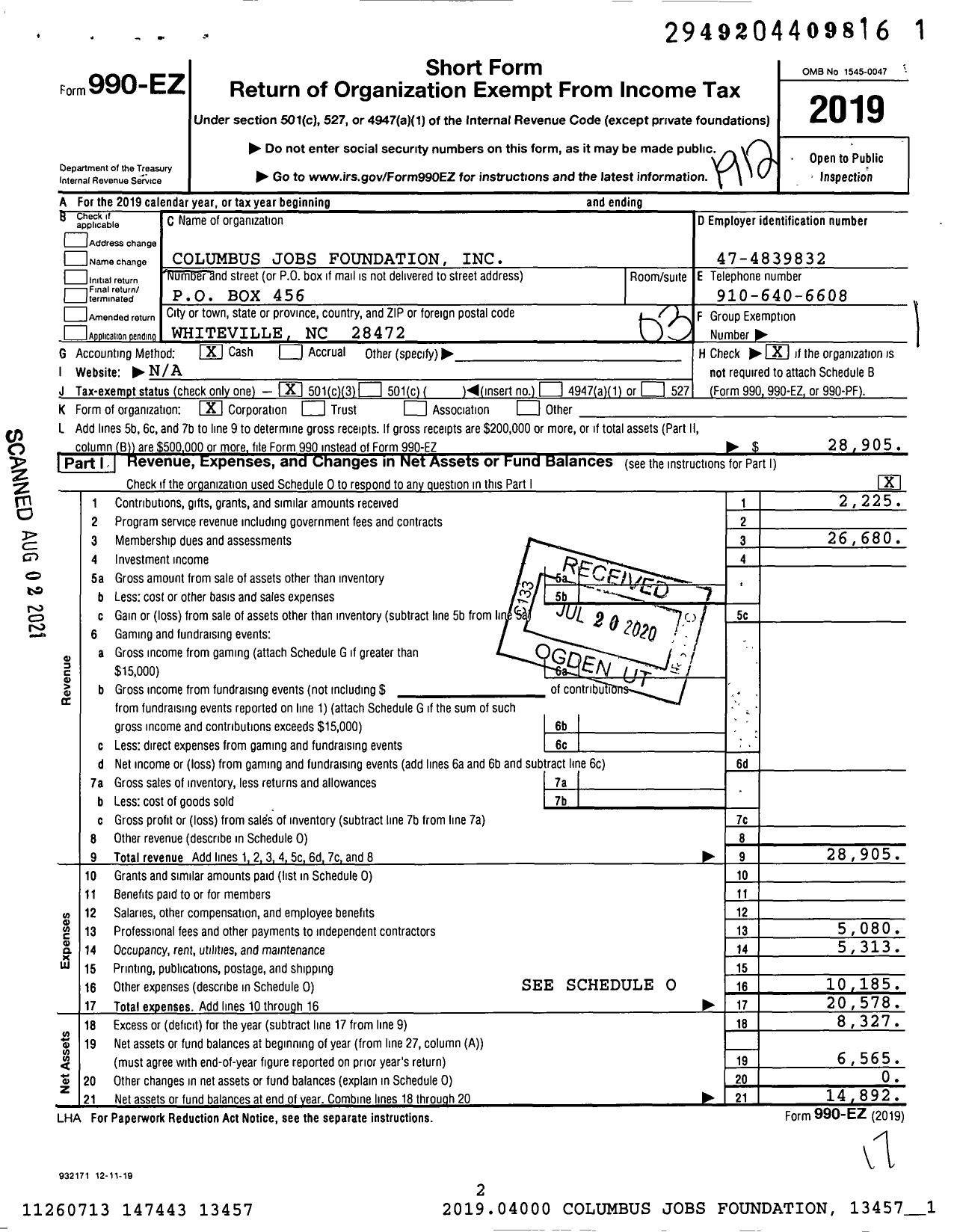 Image of first page of 2019 Form 990EZ for Columbus Jobs Foundation