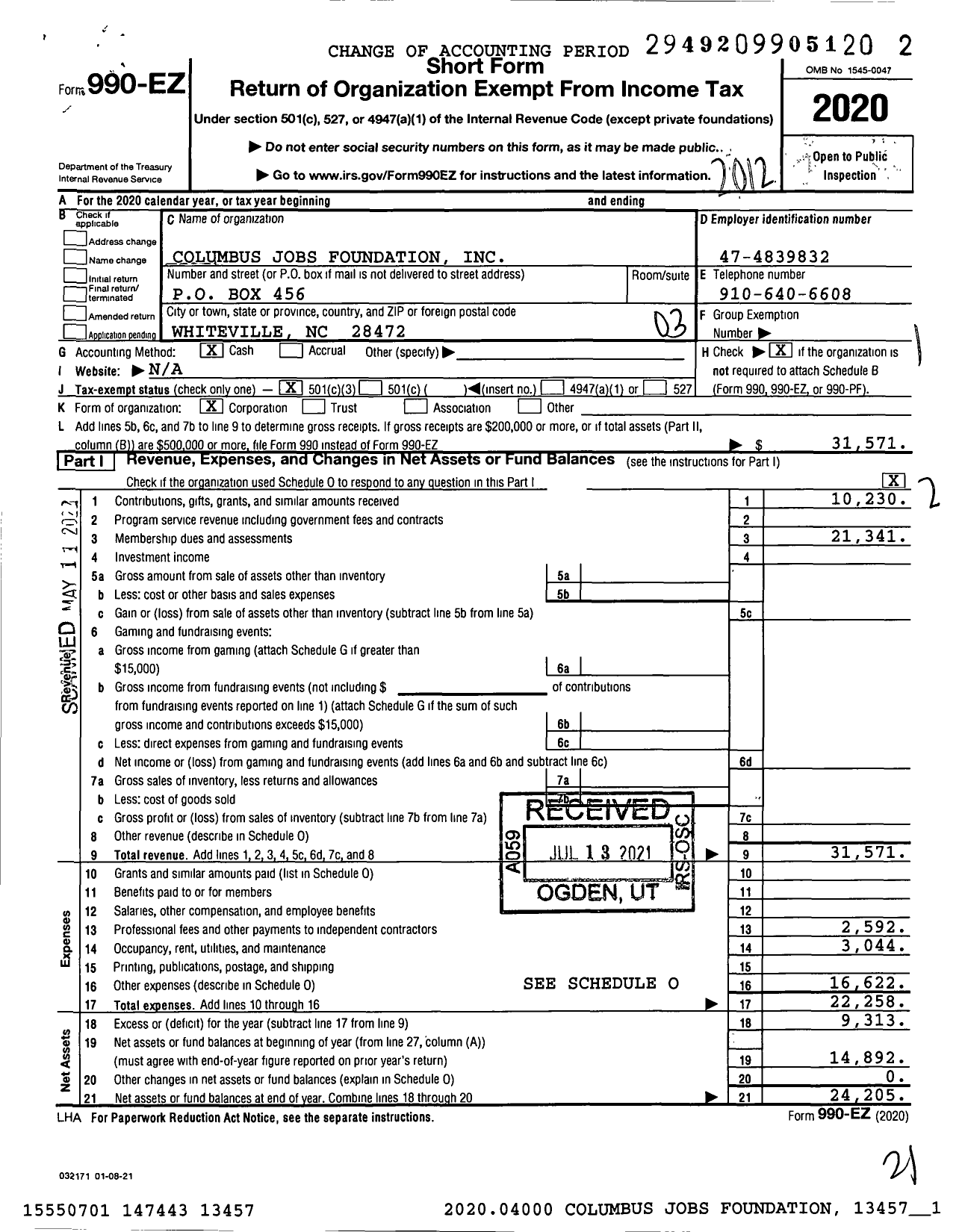 Image of first page of 2020 Form 990EZ for Columbus Jobs Foundation