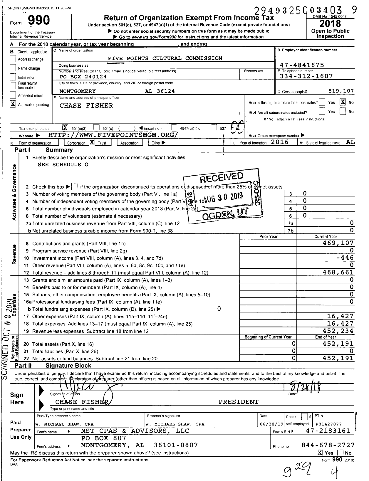 Image of first page of 2018 Form 990O for Five Points Cultural Commission