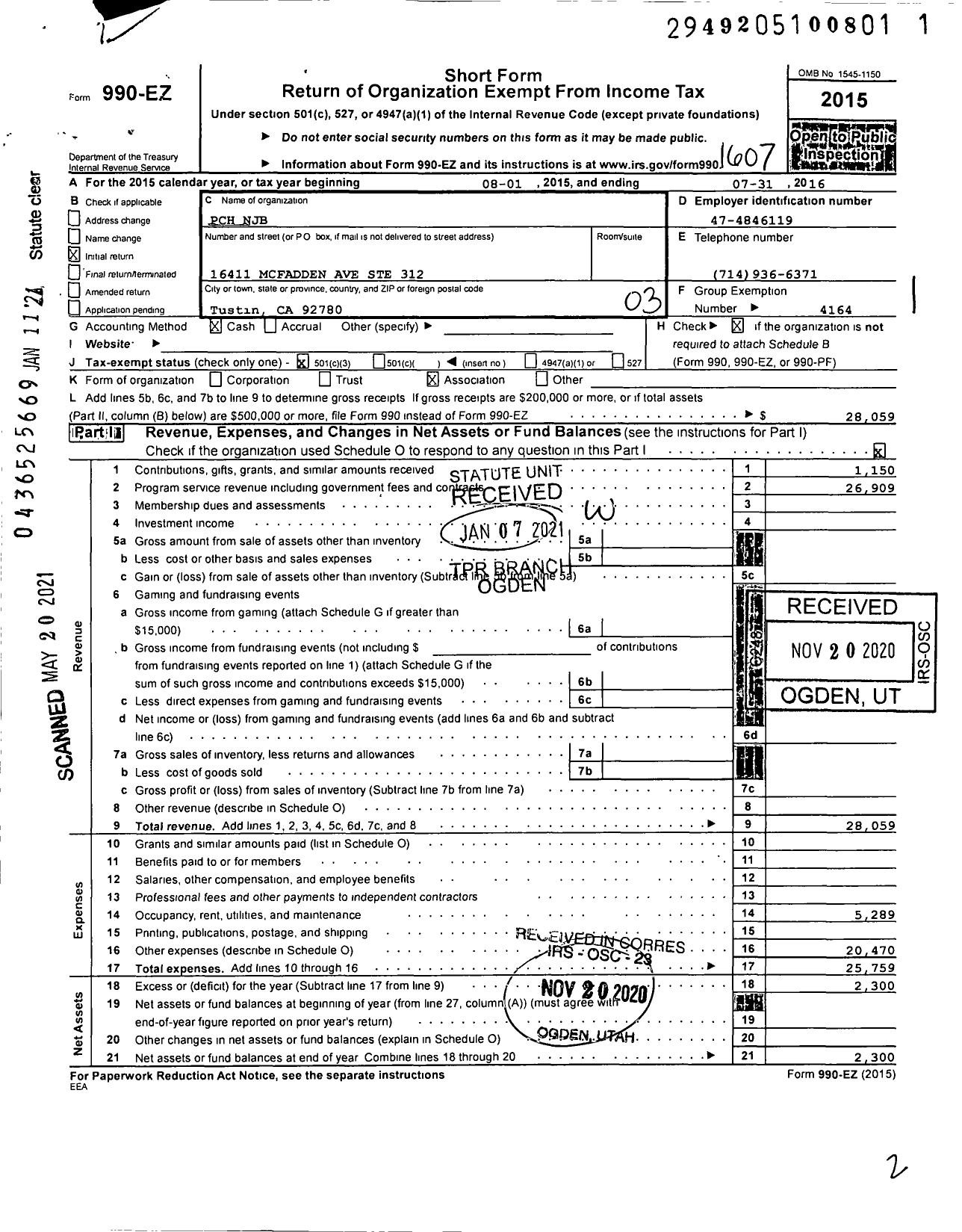 Image of first page of 2015 Form 990EZ for PCH NJB (Pacific Coast Hoops NJB)