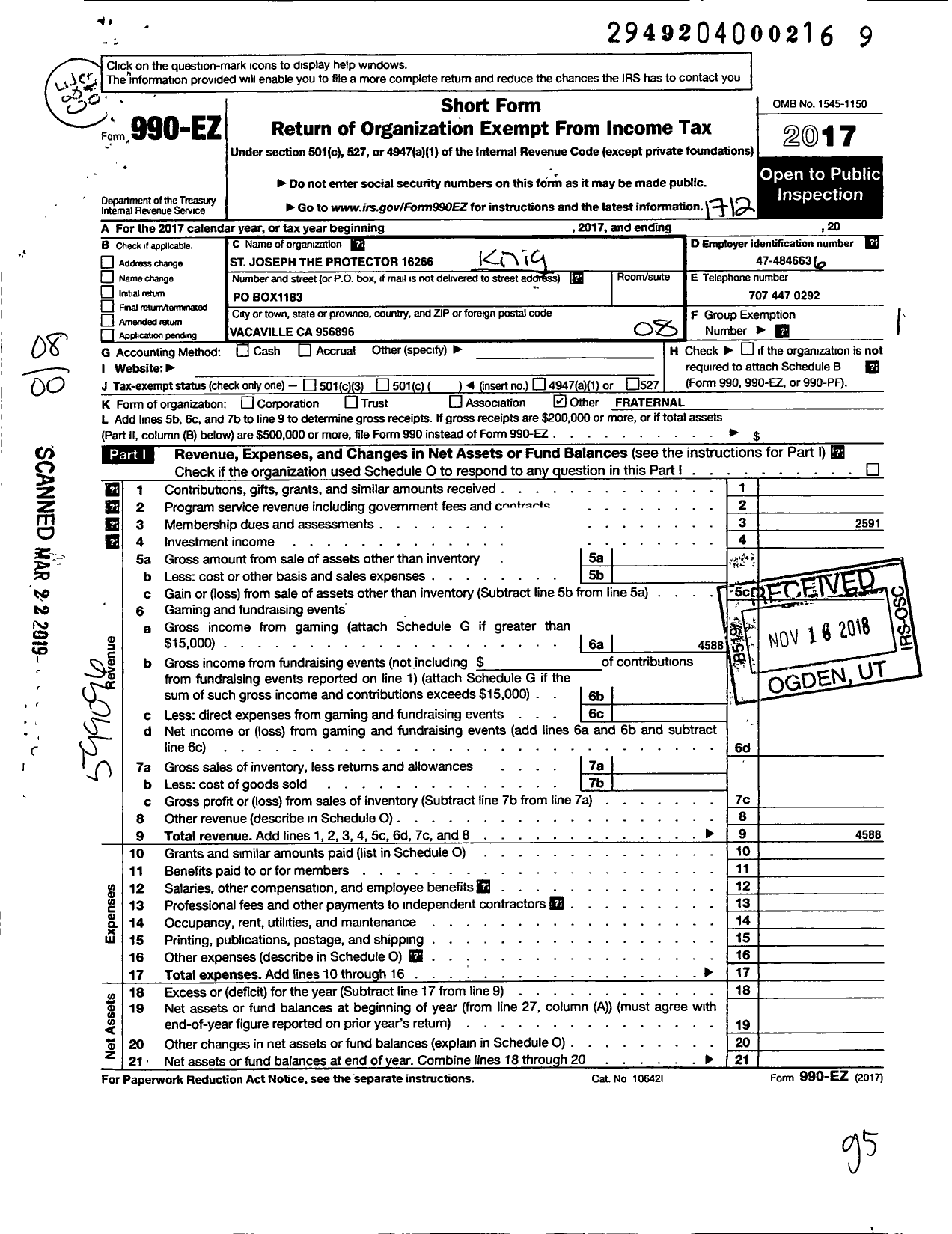 Image of first page of 2017 Form 990EO for Knights of Columbus - 16255 St Joseph the Protector Counc